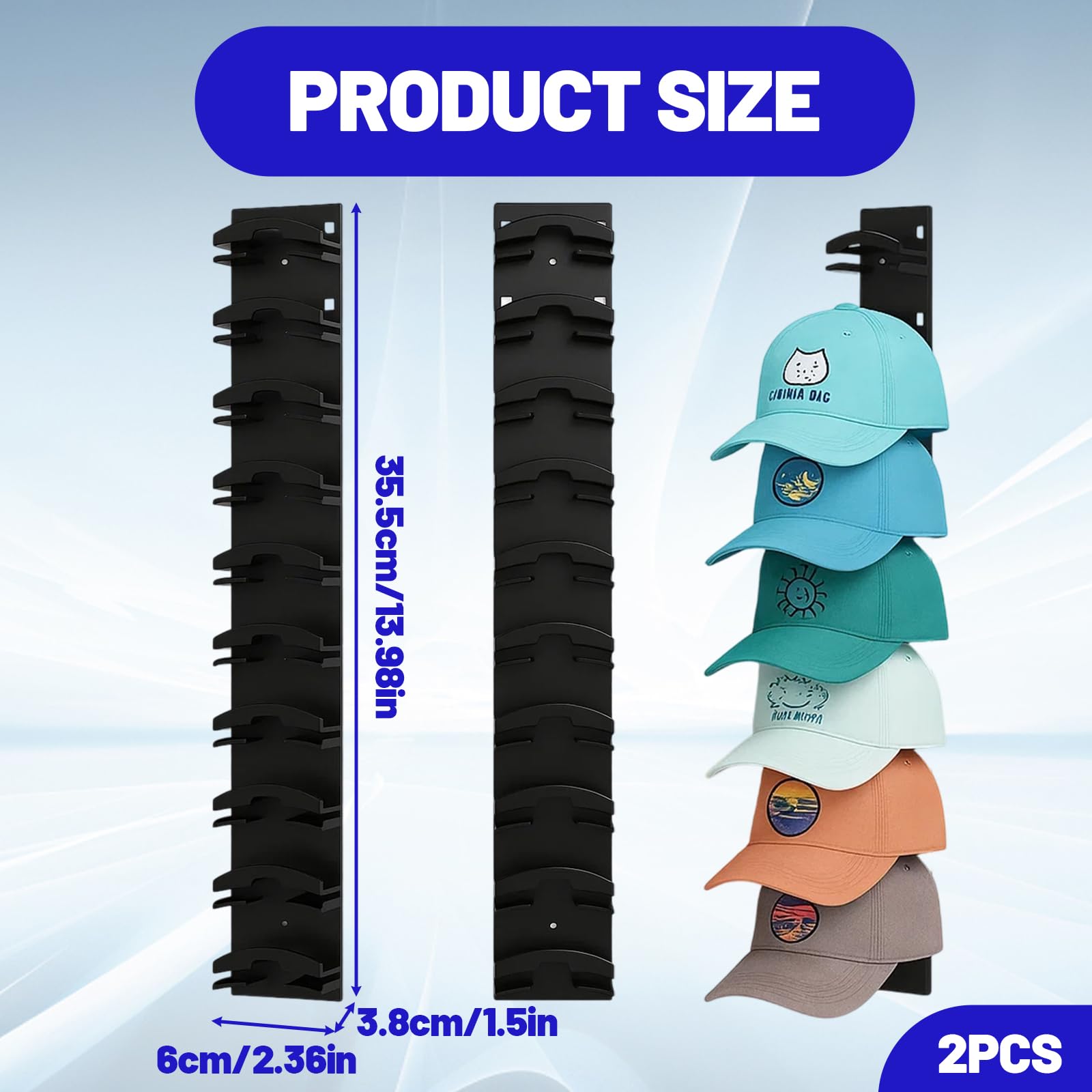 2 Stück Praktische Hutablage mit Haken, Cap Halterung Wand, Stabile Halterung Wand, Kappenhalter, Cap Organizer, Organizer für Mützen, Basecaps Typ B (Schwarz)