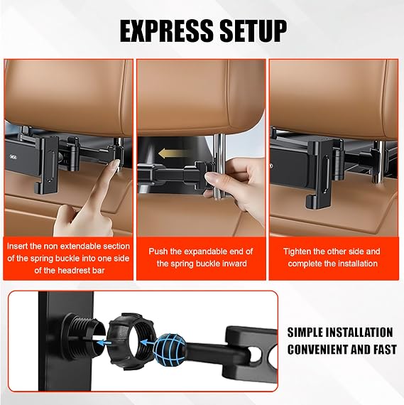 Car Headrest Mount, 360° Adjustable Headrest Tablet Mount (Black)