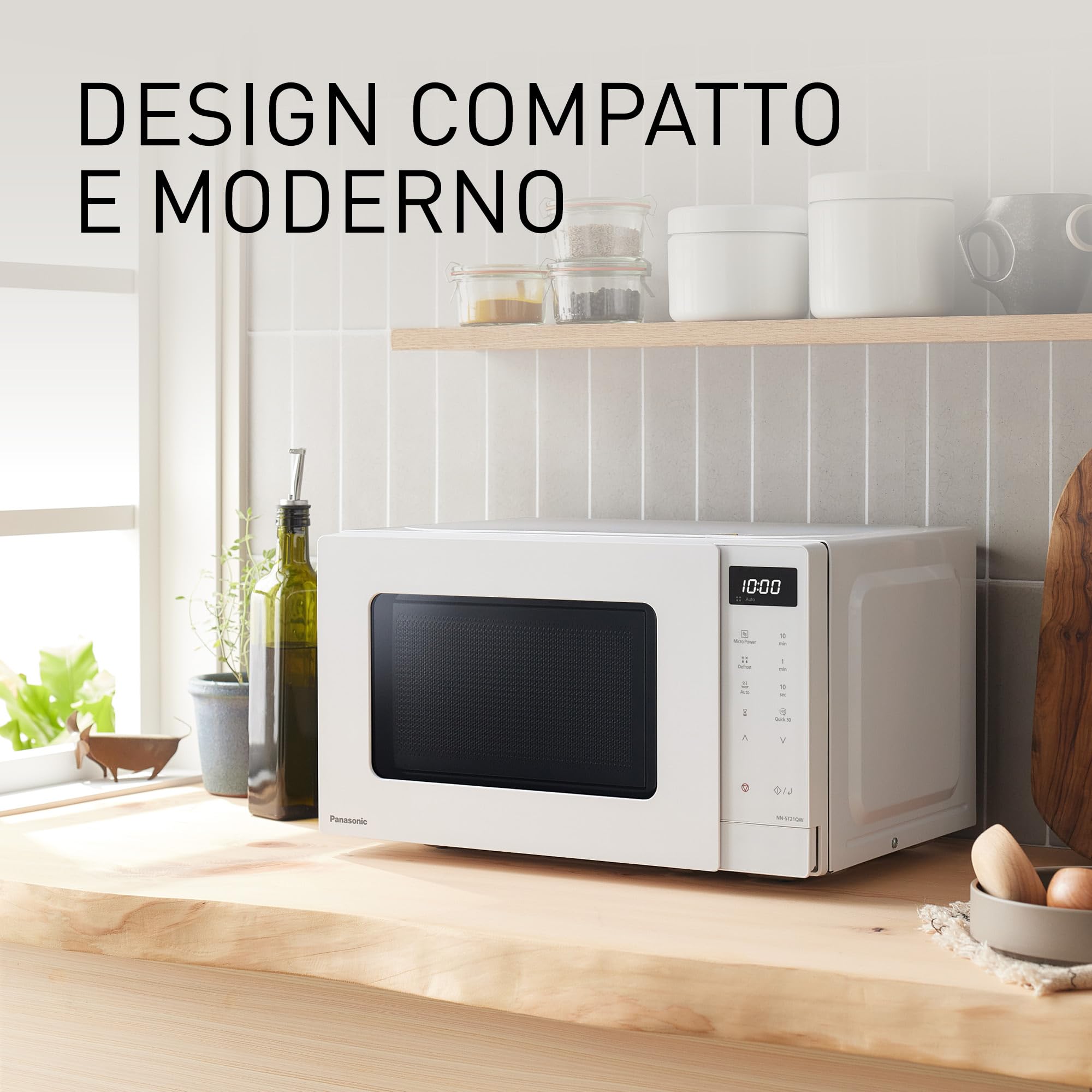 Panasonic NN-ST21QWEPG Solo Forno a Microonde 20L con Piatto in Vetro, 800W, Scongelamento Automatico, 11 Programmi Automatici, Display LED, 5 Impostazioni di Potenza, Timer Digitale, Bianco