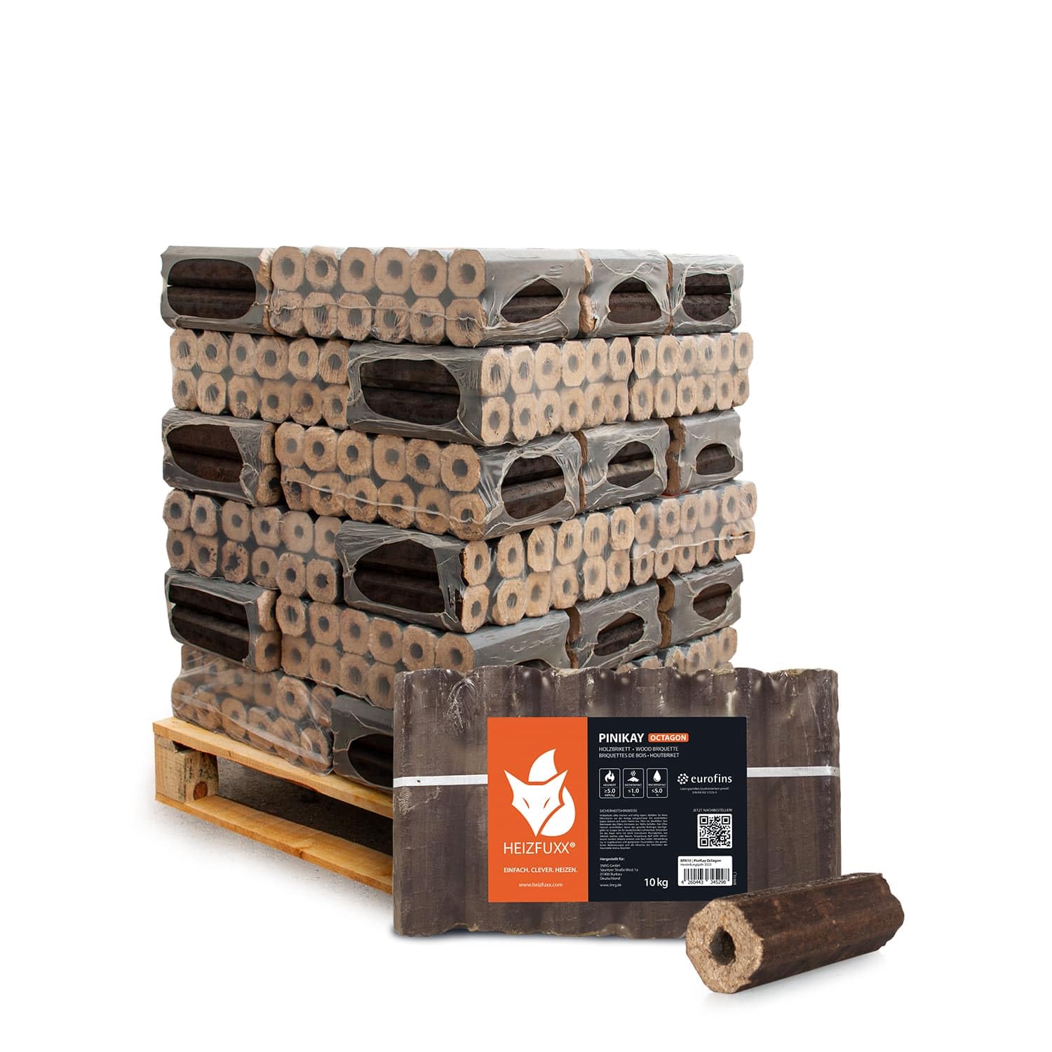 HEIZFUXX Holzbriketts PiniKay Octagon - Hartholzbriketts Palette 300 kg (30 kg) - Briketts mit Zugloch für Kamin, Heizkessel & Ofen - Schnell entzündbar, hoher Heizwert & geringer Aschegehalt