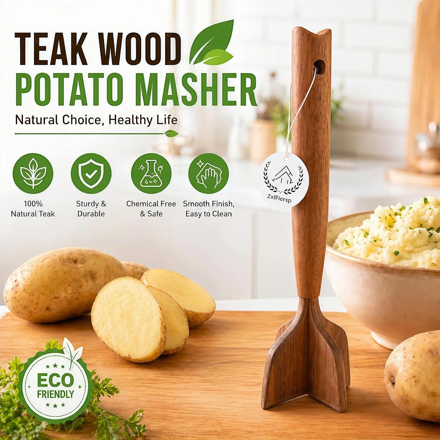 Teak Wood Meat Chopper & Potato Masher – Non-Stick Cookware Friendly | Ideal for Ground Beef, Hamburger Patties, Chicken Shredding, Sturdy Teak Construction, Multipurpose Gadget, Ergonomic Handle