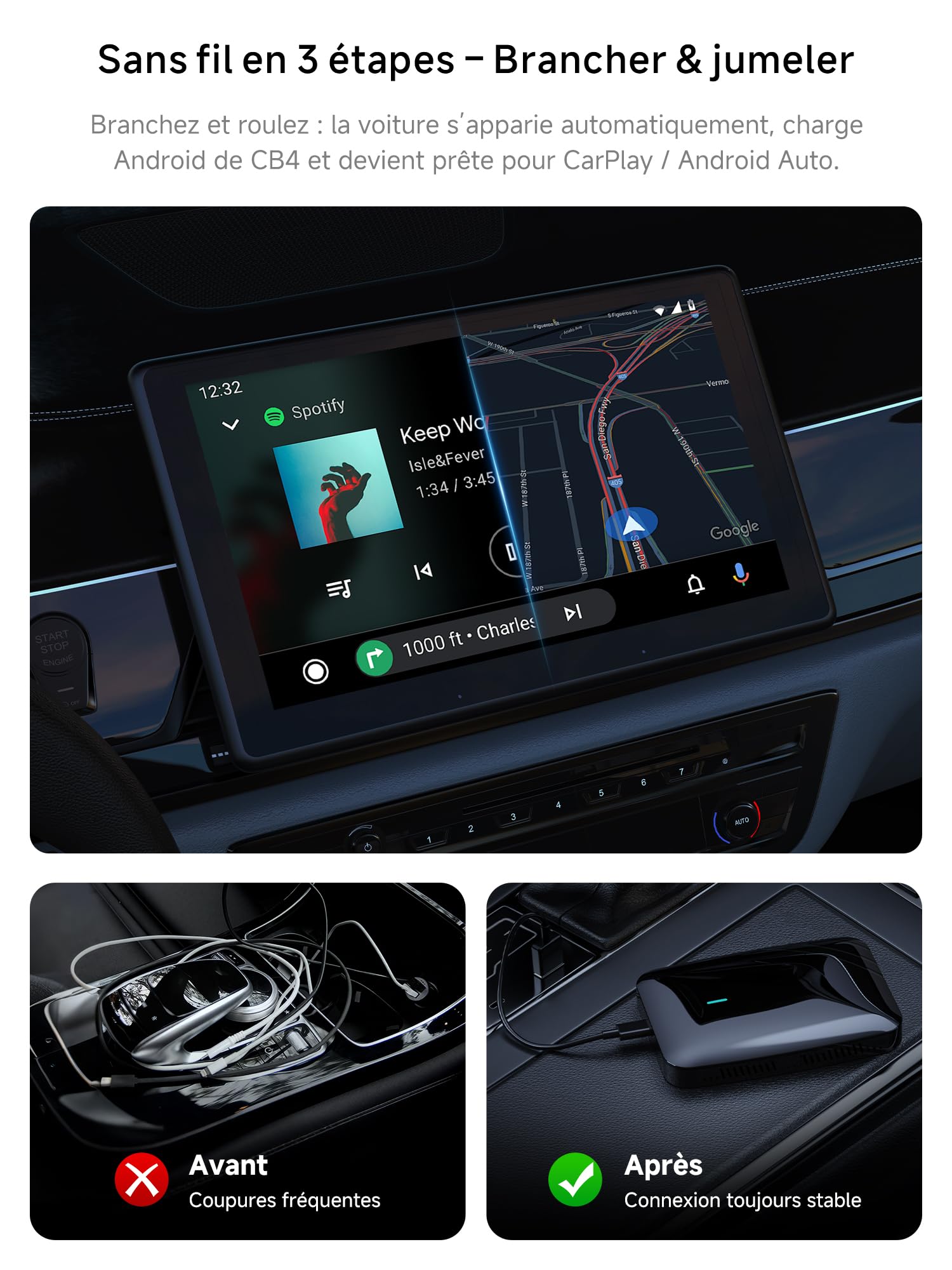 Adaptateur CarPlay sans Fil Android Auto, Boîtier AI Vidéo Auto 3-en-1 pour CP/AA Filaire OEM, 4G+32G, Double Wi-FI & Hub IoT Bluetooth, pour Netflix/Youtube/TikTok/Carte TF, CB4B