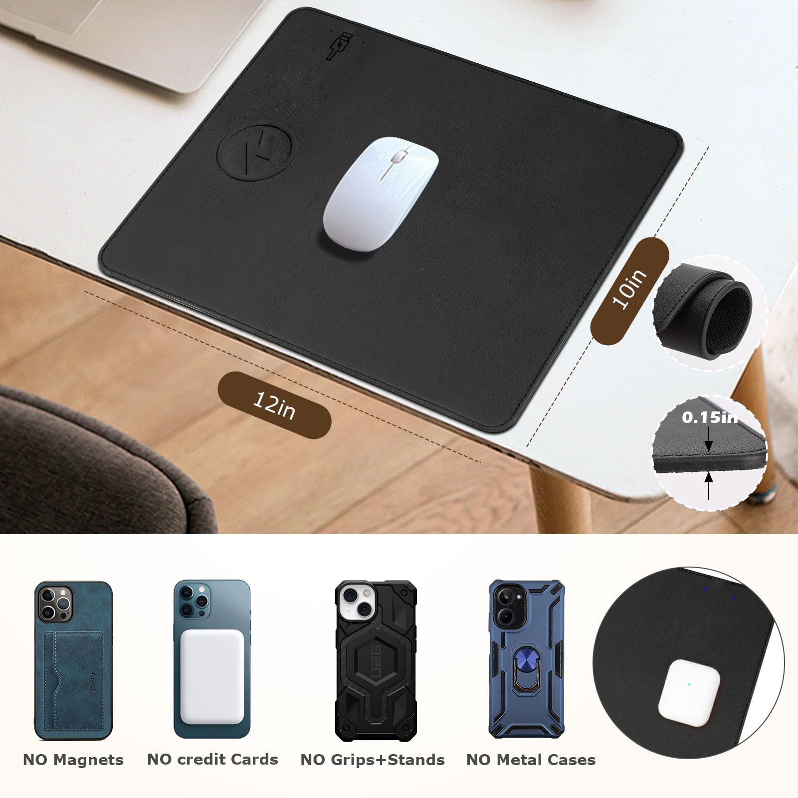 Tappetino per mouse con ricarica wireless, 2 in 1, multifunzione, in pelle, con base in gomma antiscivolo, impermeabile, per computer, ufficio, lavoro, casa, decorazione (30,5 x 25,4 cm