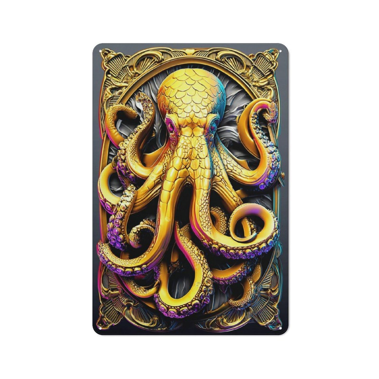 Junmoney Golden Octopus Artwork Metal Wall Plaque With Design 30X20cm, Old Fashioned Vintage Wall Decor For Living Room, Hallway, Kitchen Or Cafe