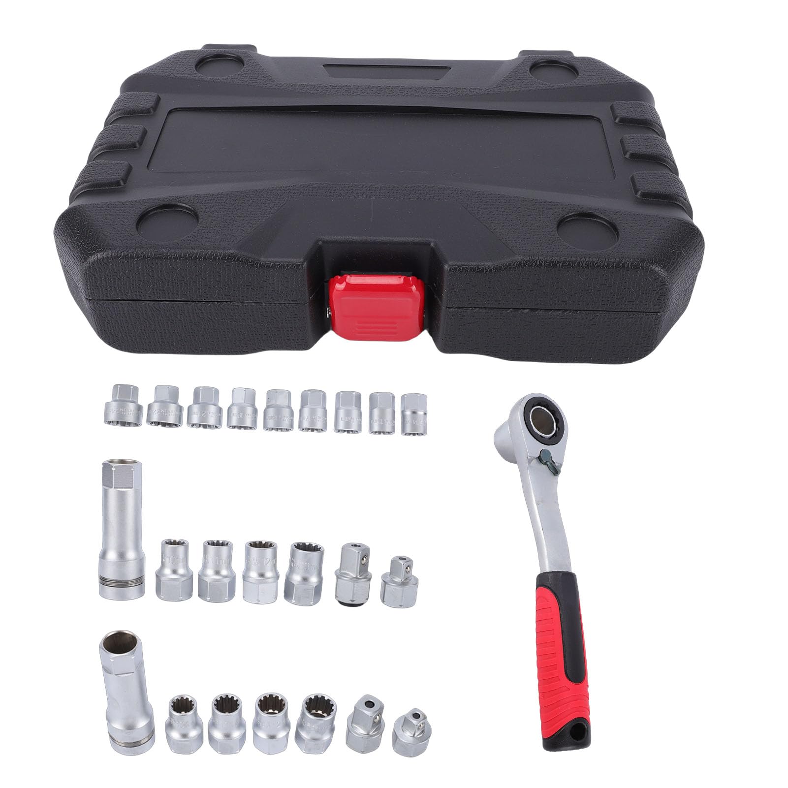Set di Bussole Passanti 17 Pezzi, 10-24 Mm per Aste Filettate Lunghe, Chiave a Cricchetto 72T con Adattatori di Azionamento, Struttura in Acciaio