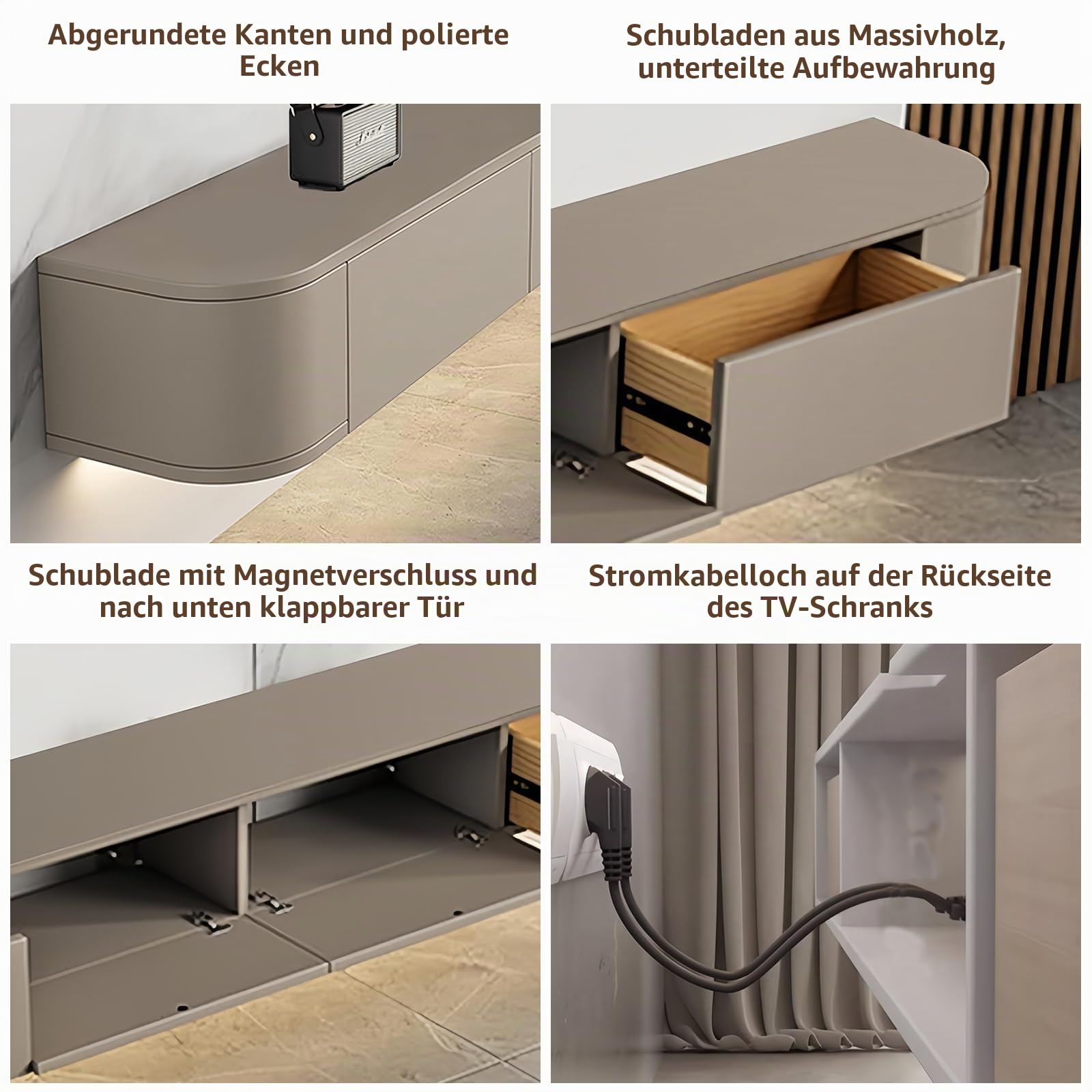 Schwebender TV-Ständer, Wandmontierter TV-Schrank mit Schubladen, 140 cm Lange TV-Medienkonsole, Große TV-Bank mit Stauraum unter dem Fernseher (Khaki, 140cm/55.1")
