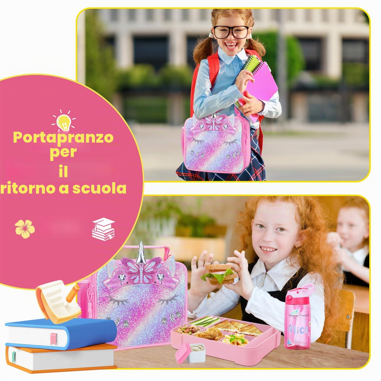 JYPS 3PZ Lunch Box Set, Borsa Termica Porta Pranzo, Bento Box, Borraccia per Bambini, Senza BPA Microonde e Lavastoviglie, con Cucchiaio e forchetta, Porta Pranzo con Scomparti per Scuola (Unicorno)