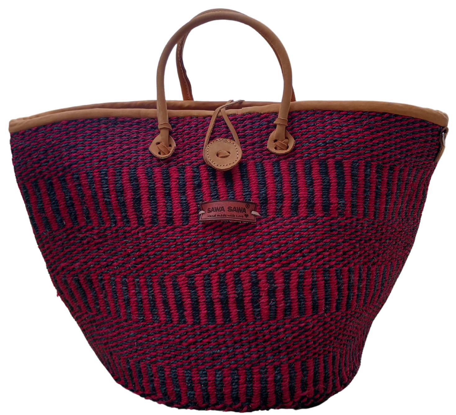 Resilient Handmade Sisal African Basket Tote Bag, Hand Woven Market Grocery Shopping Bags with Leather Strap Handles and Zipper Closure, Summer Beach