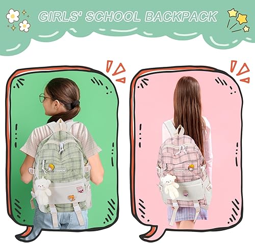 Miniatura 6 de Juego de 5 mochilas escolares de lona con colgante de oso kawaii, lindos alfileres a cuadros, asa a cuadros, bolsa de hombro