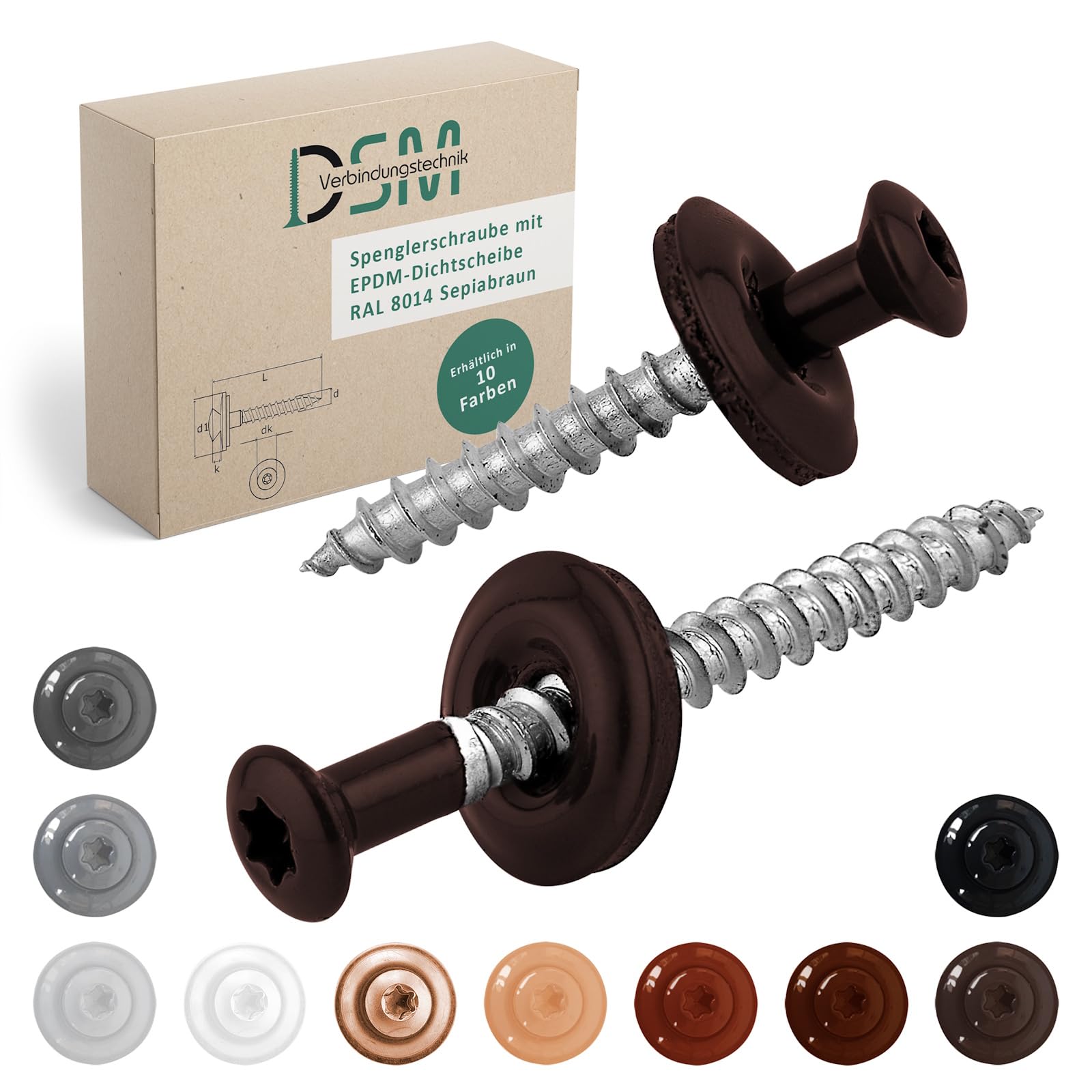 DSM | Zestaw 100 śrub szczelnych brąz sepii 4,5 x 25 mm | Stal szlachetna A2 – Lakier RAL 8014 | Z podkładką uszczelniającą EPDM (15 mm) | Napęd TX | Zgodne z normą DIN 7995 / DIN 9171 |