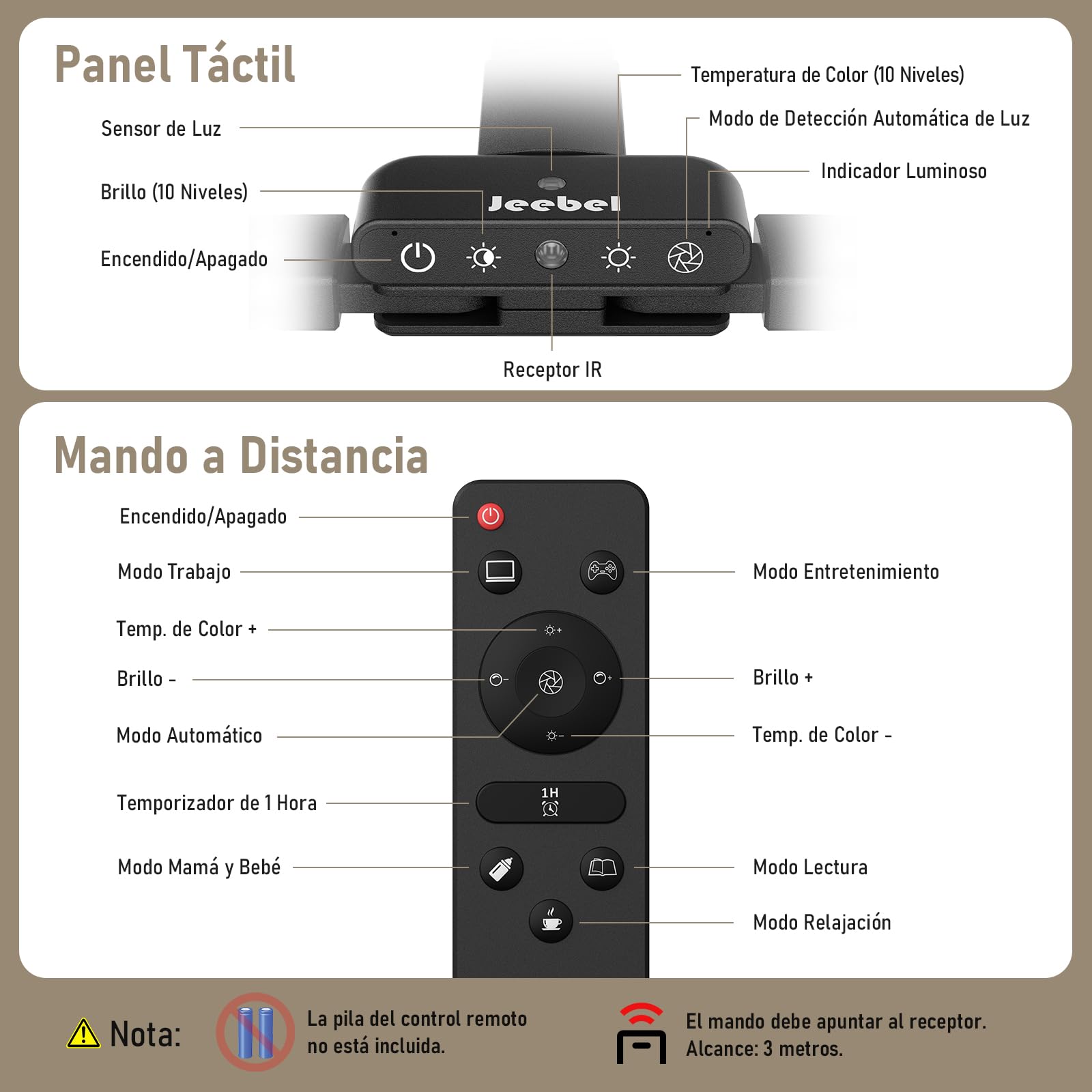 Jeebel Lámpara de Escritorio Pinza LED 24W 80cm Doble Cabezal 1800LM 10 Temperatura Color 10 Niveles Brillo