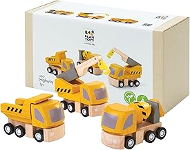 PlanToys® Highway Maintenance Wooden Montessori Vehicle and Imaginative Play Set | Creativity, Language and Social Skill Building Activity | Eco Friendly Construction Truck Set