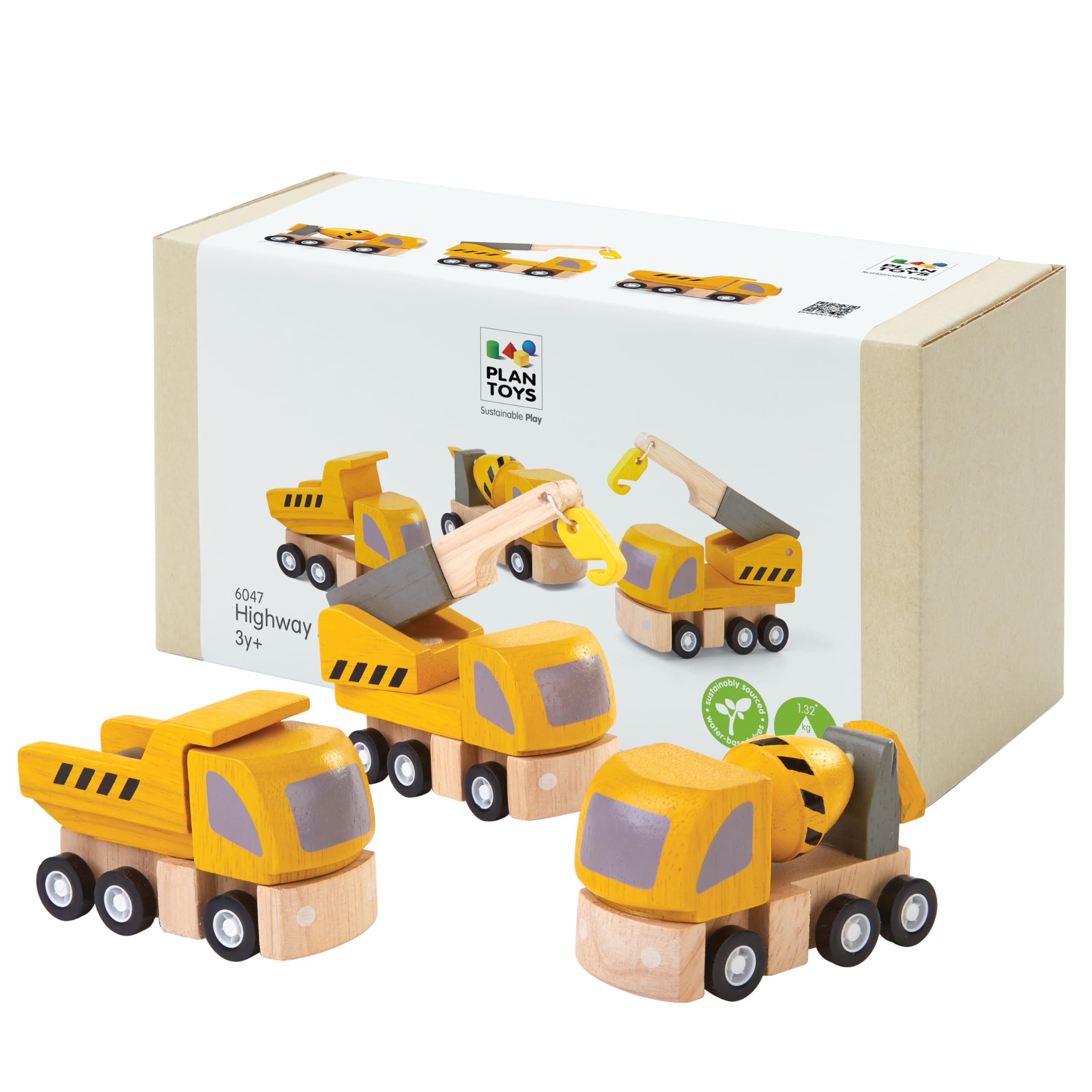 PlanToys® Highway Maintenance Wooden Montessori Vehicle and Imaginative Play Set | Creativity, Language and Social Skill Building Activity | Eco Friendly Construction Truck Set Maintenance Vehicle