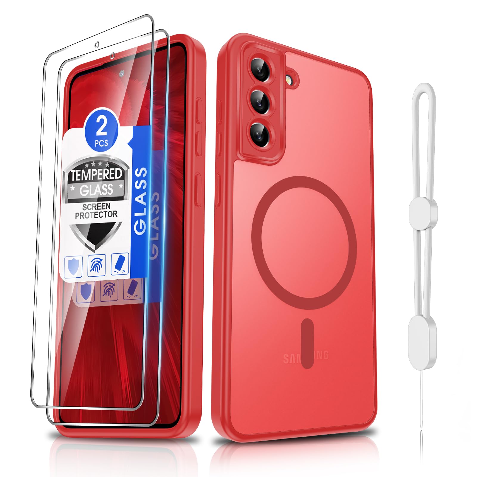 Dizn for Samsung Galaxy S21 FE Phone Case:[𝐍𝐨𝐭 𝐅𝐢𝐭 𝐒𝟐𝟏][Compatible with MagSafe] with Tempered Screen Protector,Slim Cover,with Strap &amp; Military Lens Protector S 21FE,Funda para S21FE,Red