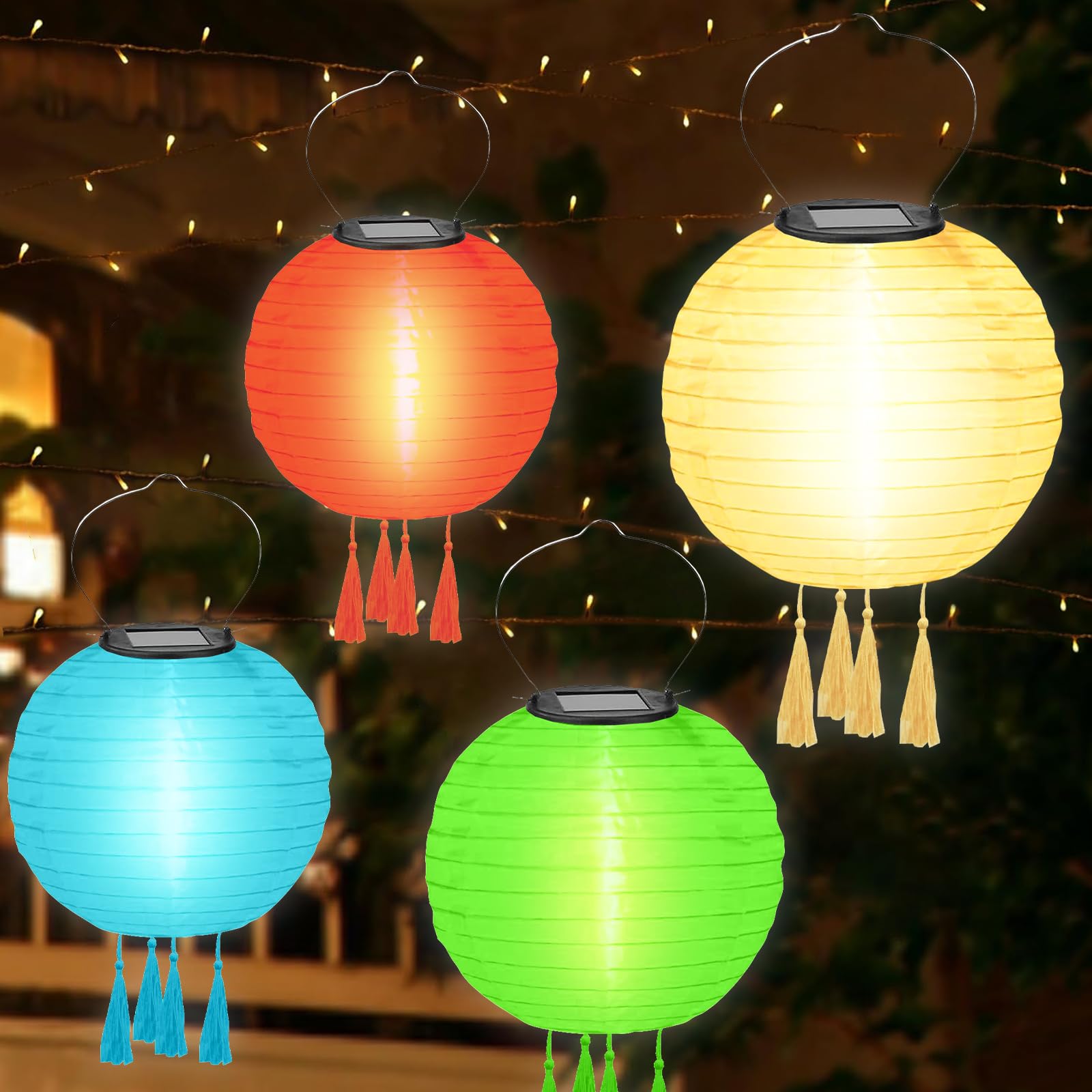 Lot de 4 lampions solaires d'extérieur résistants aux intempéries - Lampes solaires d'extérieur à suspendre - Avec 4 pompons - Pour terrasse, cour, jardin