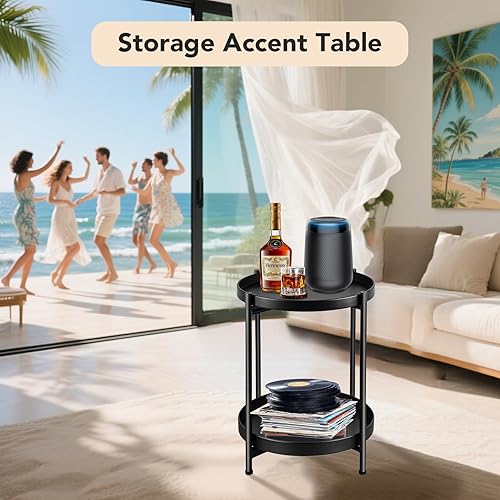 Miniatura 5 de Mesa auxiliar pequeña redonda para espacios pequeños en interiores y exteriores, mini mesa auxiliar de metal, soporte de planta de 2 niveles