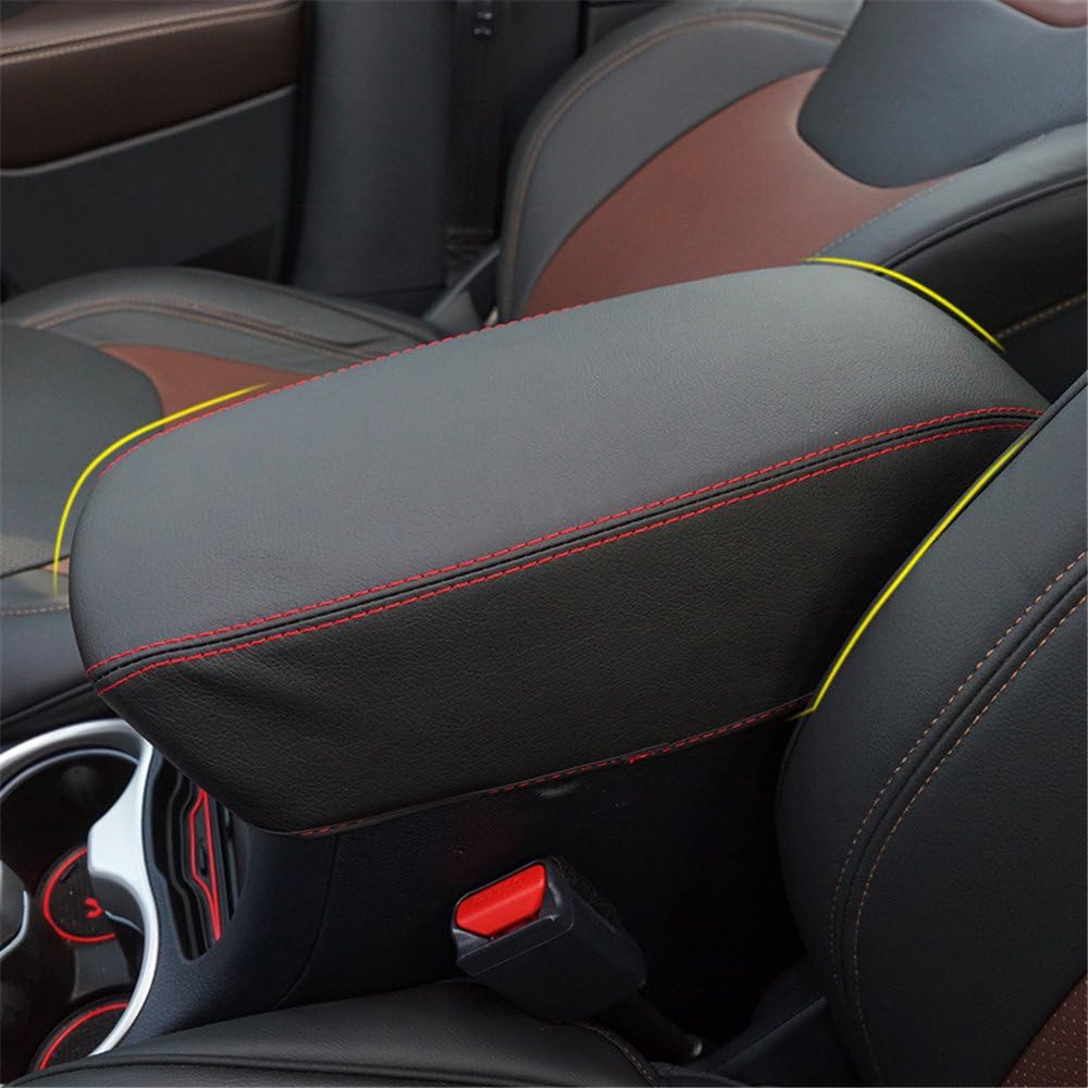 BEHAVE Car Armrest Box Cover Saver,1 Piece Black Cover with Handmade Red Stitches Fit for 2015 2016 2017 2018 Jeep Cherokee,Central Console Armrest Box