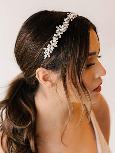 Miniatura 2 de SWEETV Diadema de novia con diamantes de imitación, tiara de cristal dorado para mujer, tocados de boda de perlas para novia, accesorios para el