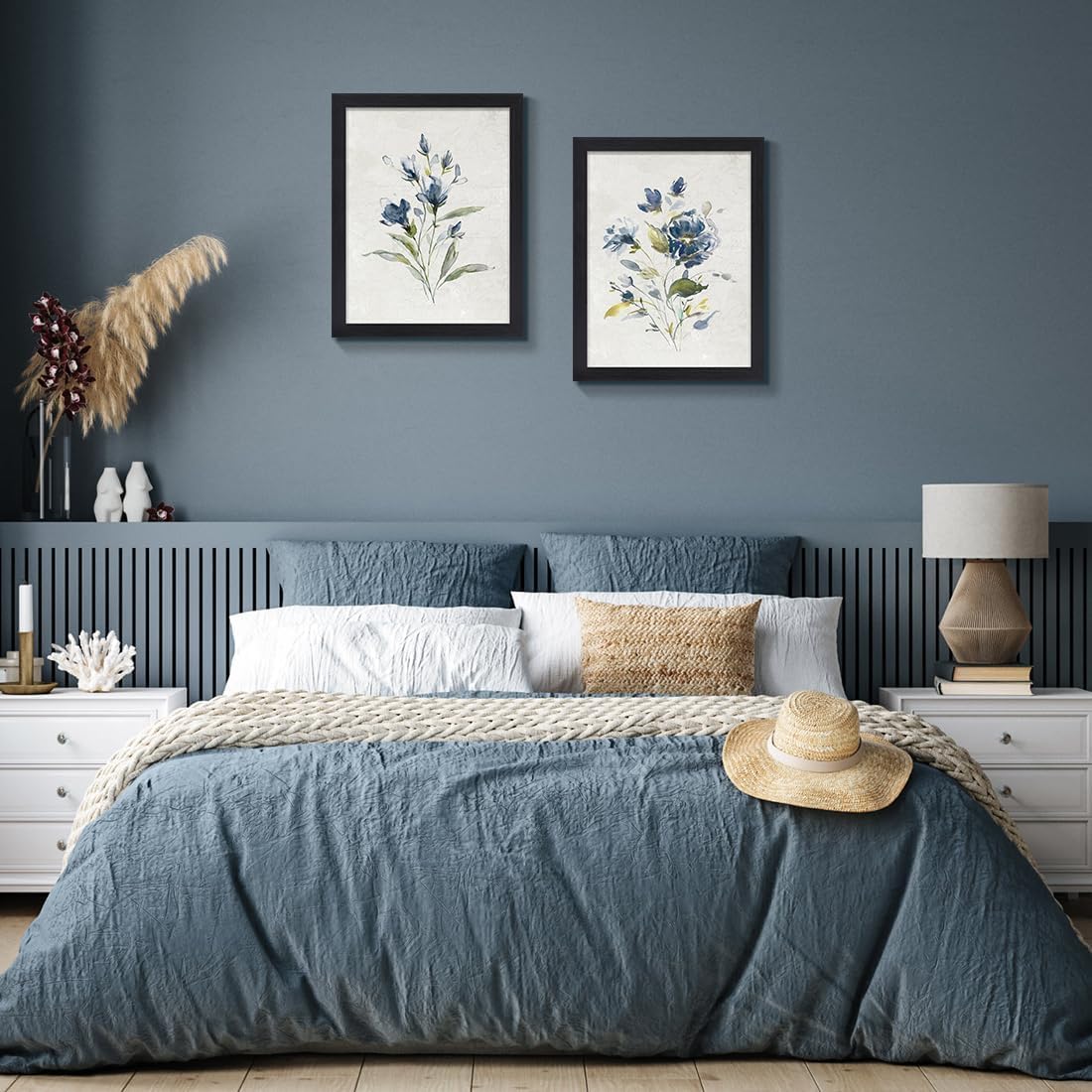 lianyibo Set di 2 stampe botaniche con fiori selvatici, stampe da parete floreali blu per bagno, soggiorno, camera da letto, ufficio (70x90cmx2/senza cornice)