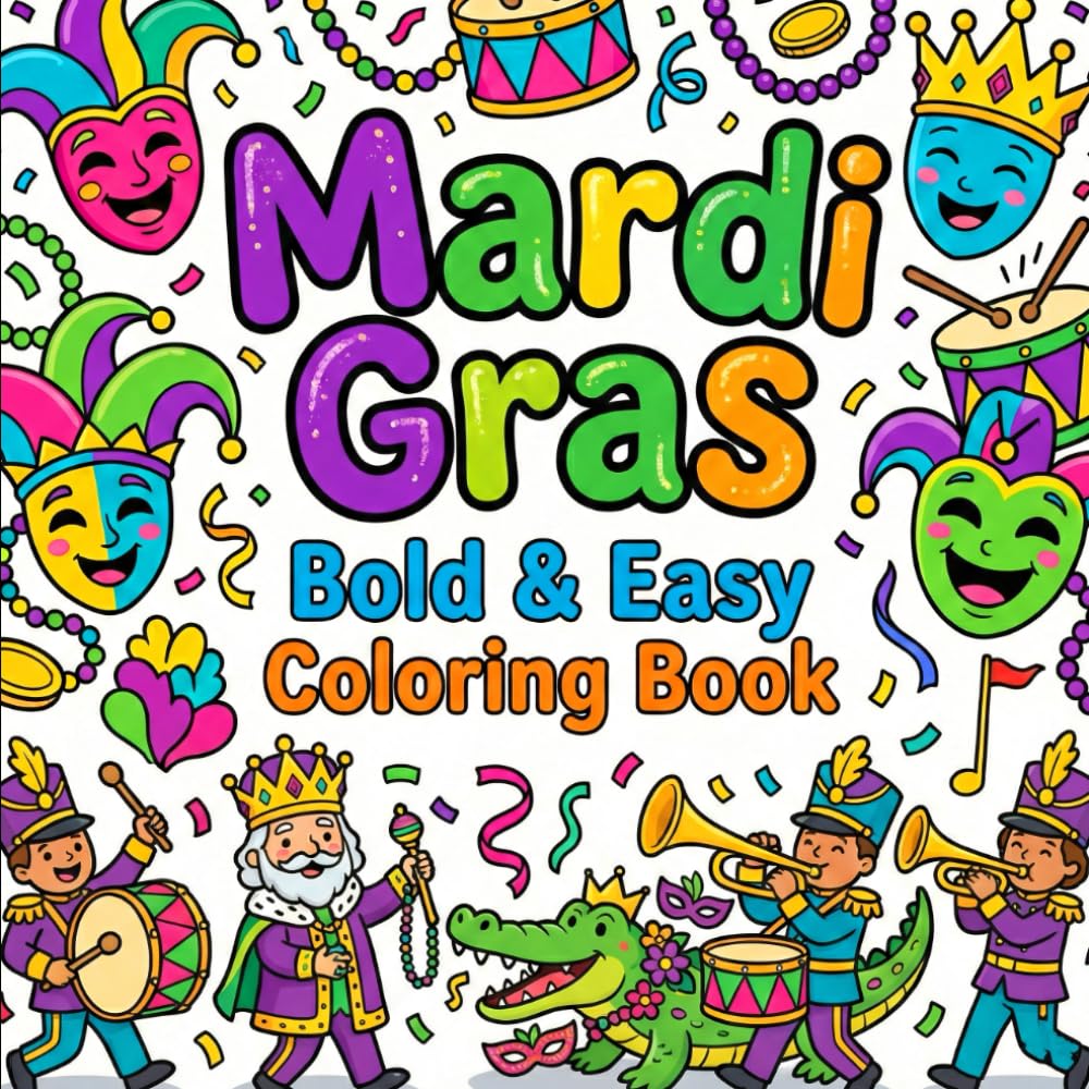 Mardi Gras Bold & Easy Coloring Book: Fun & Simple Carnival Coloring Pages for Kids | Big Shapes, Thick Lines & Festive New Orleans Fun