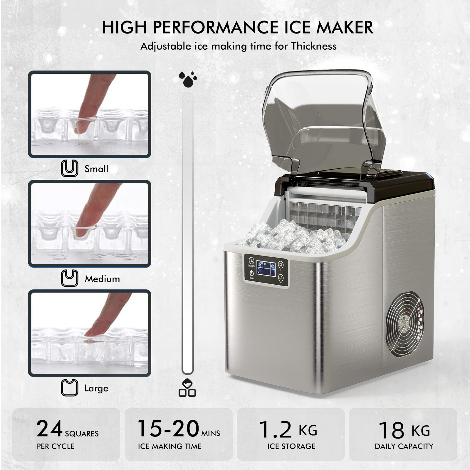 RELAX4LIFE Máquina de Cubitos de Hielo 3,2L 18kg/24H de Acero Inoxidable con Autolimpieza y Temporizador 1-24H, Ice Maker con Pala, Pantalla LCD y Tapa Transparente, Plateado