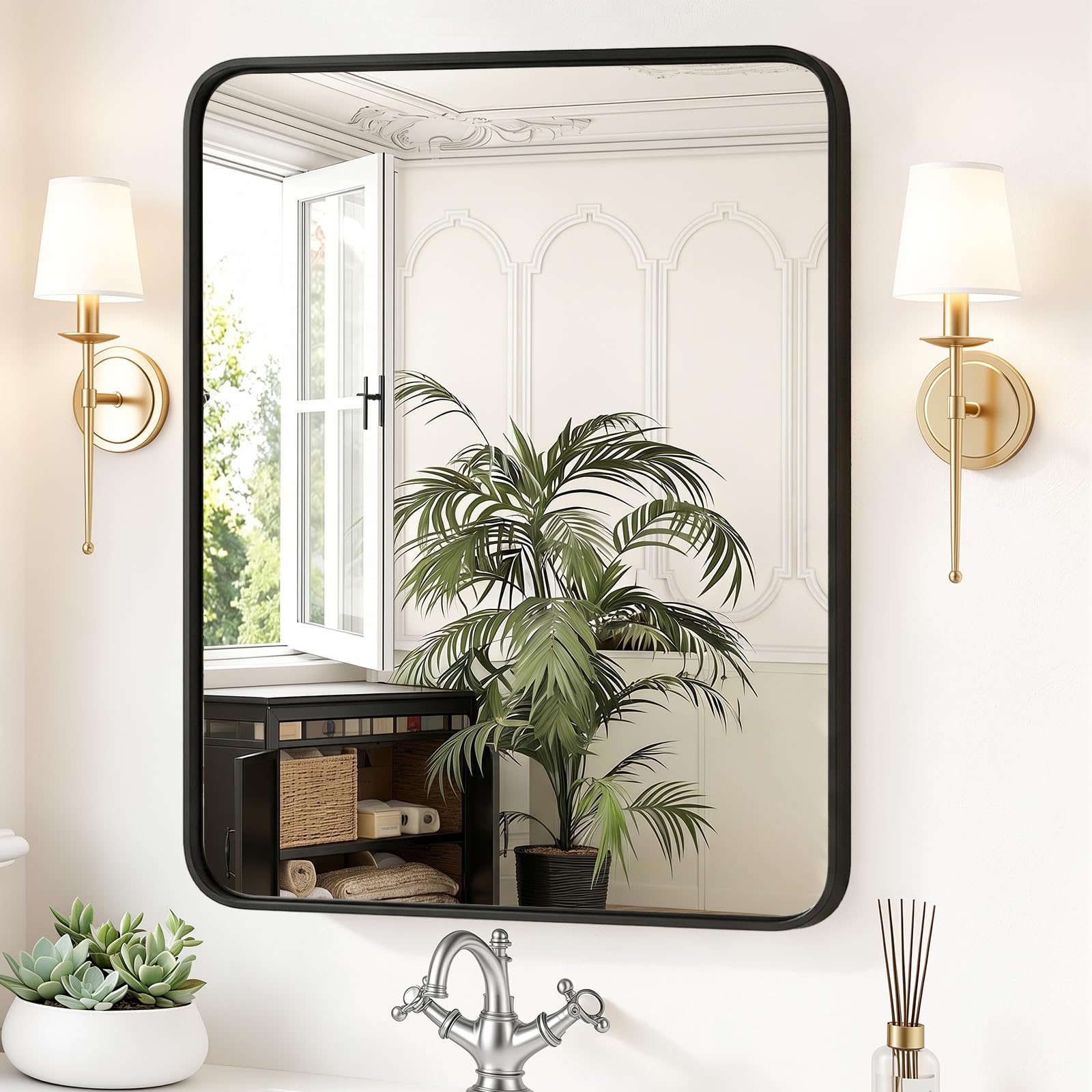 Sweetcrispy Bathroom Wall Mirror, 36x30 Inch Mirror for Over Sink, Black