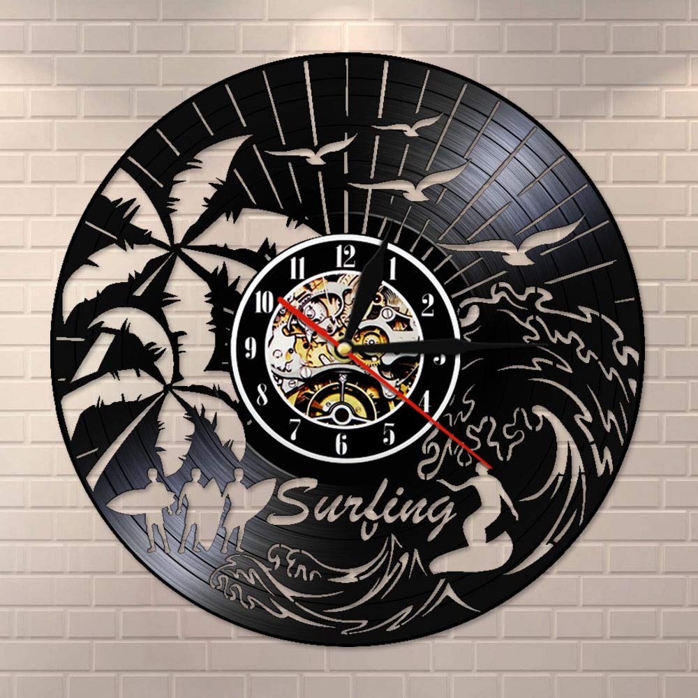 Orologio da parete da surf Surf da spiaggia Decorazione da parete con onde grandi Orologio da parete con disco in vinile Amanti del surf Soggiorno Orologio vintage Regalo per surfisti Dia 30cm 7 col