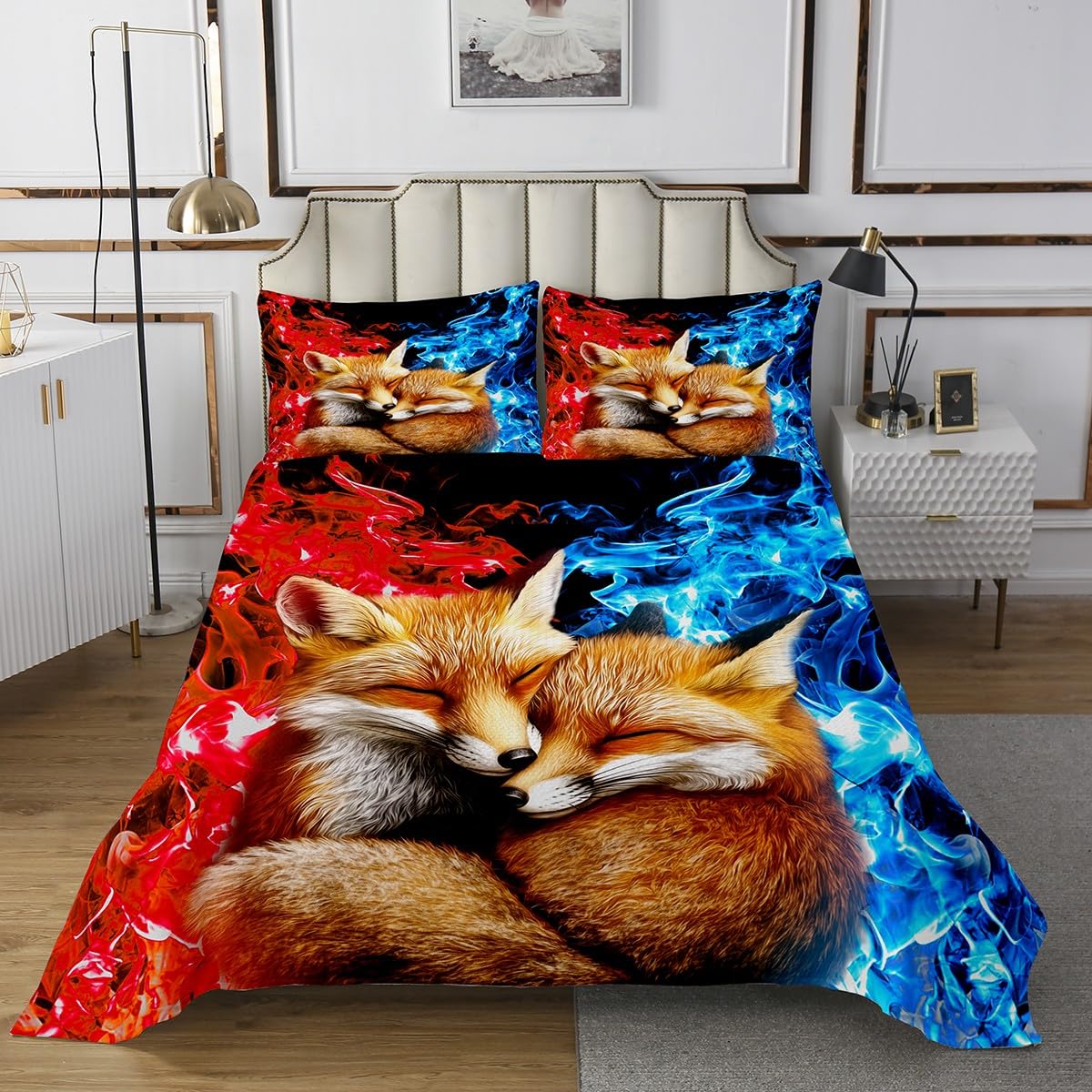 Erosebridal Cute Fox Bedspread Wild Animals Coverlet for Boys,Abstract Art Smoking Quilt Set,Red Blue Bed Set King Size for Kids Children Teens Home Decor