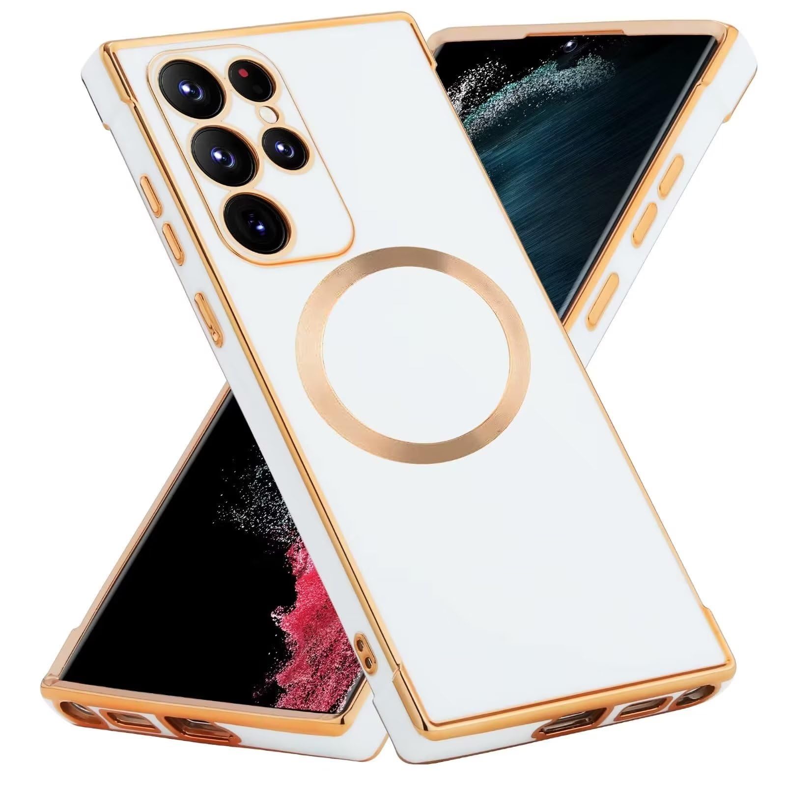 JeelarESONG Electroplate Case Compatible with Samsung Galaxy S23 Ultra Magsafe Accessories,Ultra Slim Shock Absorption Silicone TPU Anti-Scratch and Shockproof Magnetic Phone Case-White