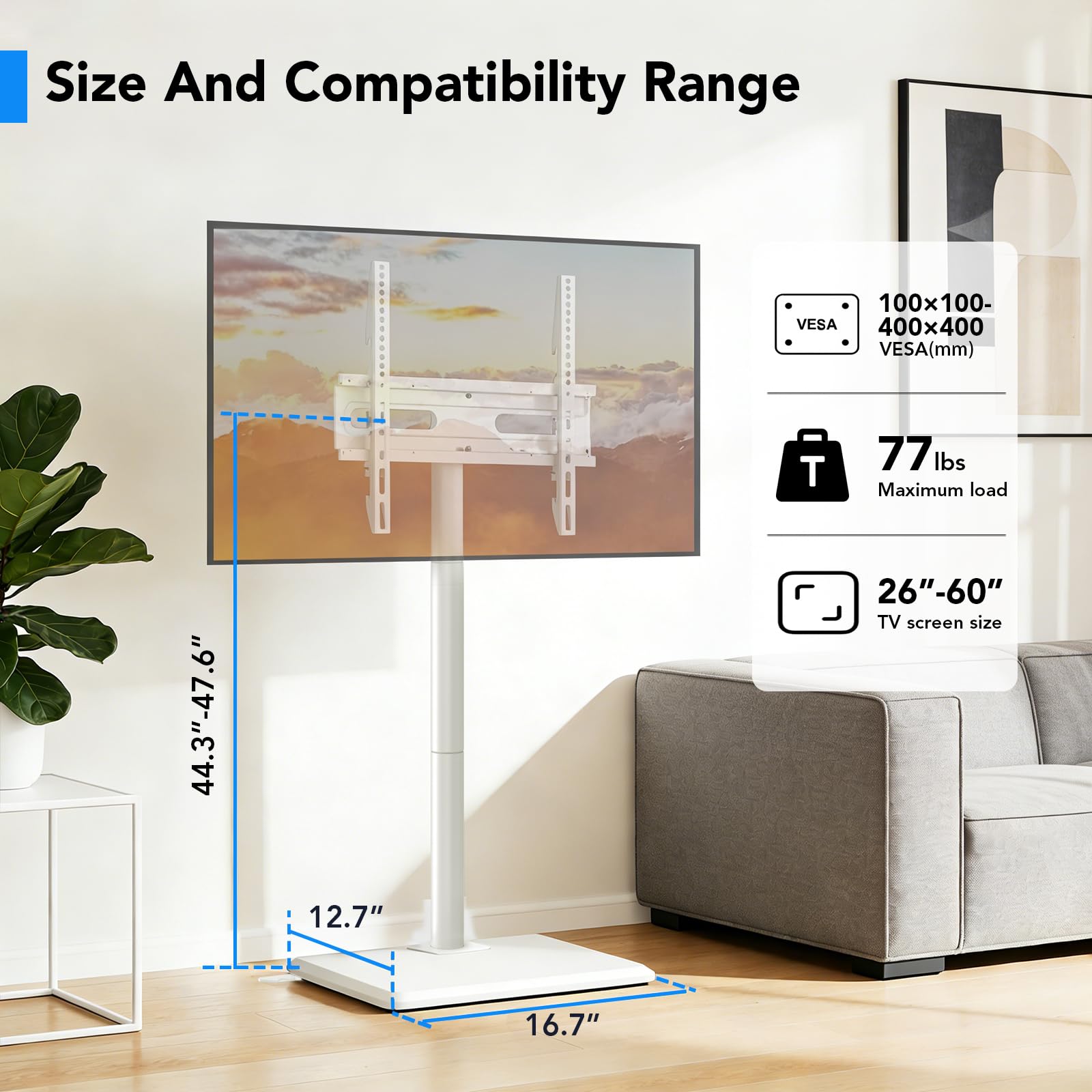 AX WABER Meuble TV au Sol avec Support pour téléviseurs de 26 à 60 Pouces pesant jusqu'à 77 LB, Meuble TV pivotant et inclinable à Hauteur réglable avec Base en Bois, Blanc AX1012TW