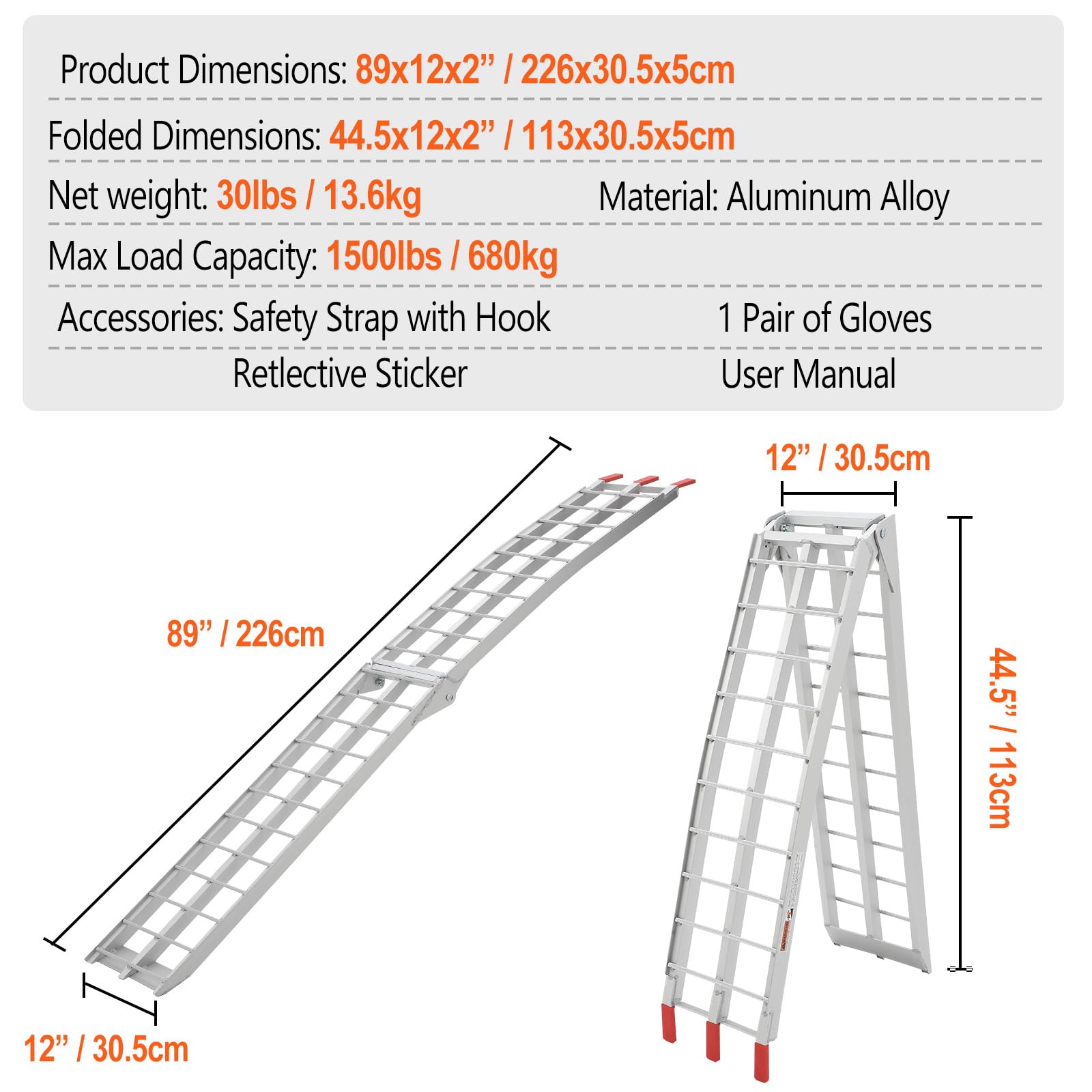 Rampa Carga Aluminio Plegable 1500 LB 2 Piezas 89 × 30 cm Espesor 5 cm para Motocicleta ATV UTV cortacésped