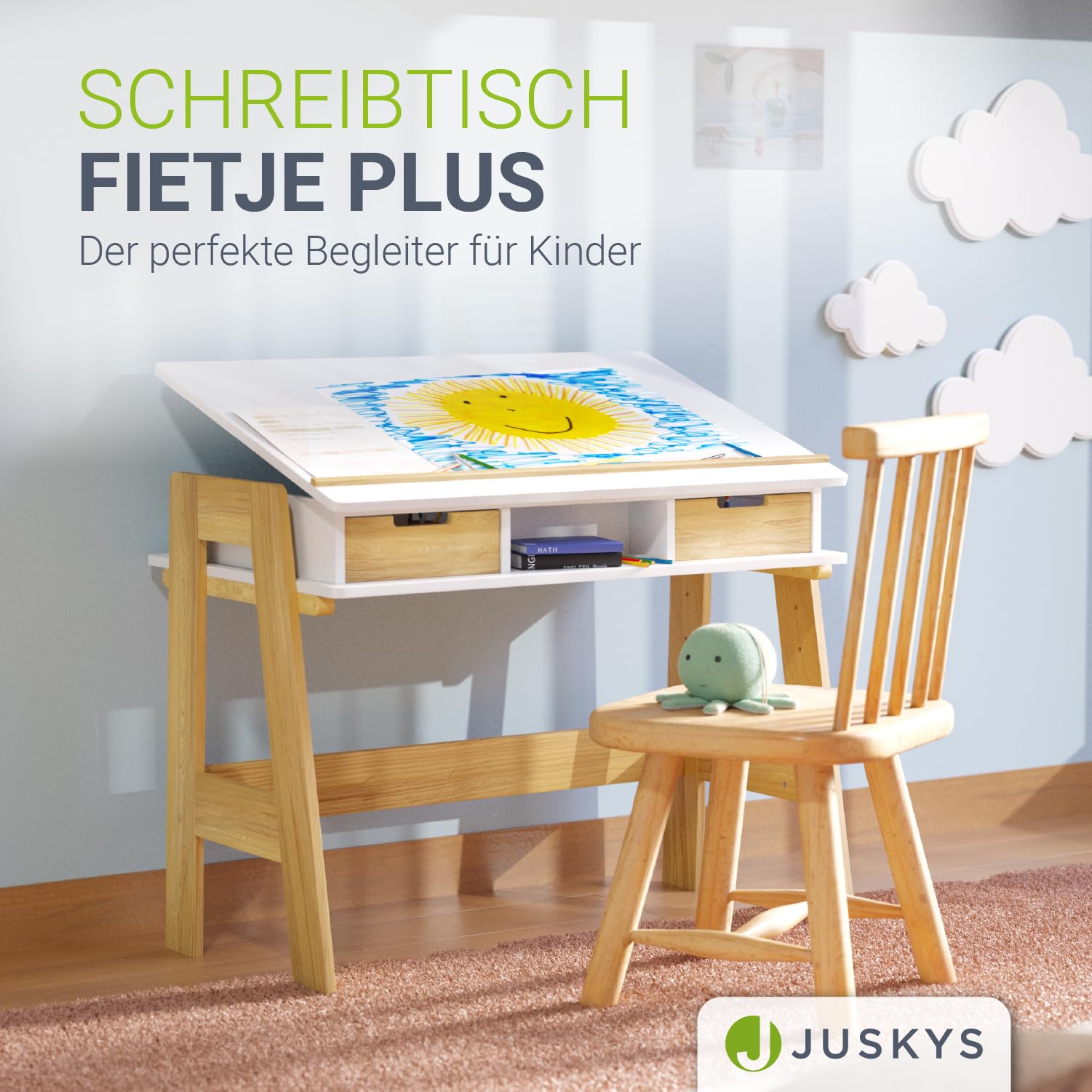 Juskys Escritorio para niños Fietje Plus – Altura ajustable, tablero inclinable, 2 cajones, material robusto y antiarañazos, amplio espacio de almacenamiento