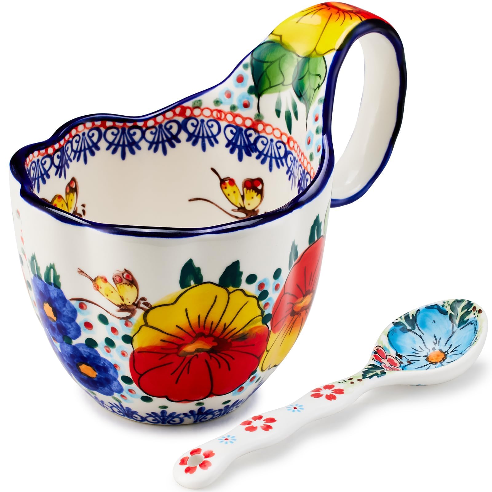 Ceramic Soup Cup and Soup Bowl With Handles - 18 Ounce With Spoon,Handpainted Decorative Oversized Porcelain Bowl,for soup, Ice Cream, Stew, Snacks,Microwave and Dishwasher Safe (Yellow Butterfly)