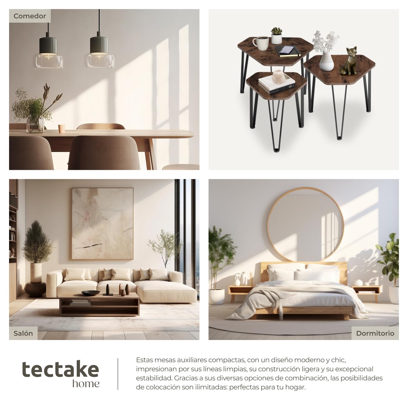 tectake® Juego de 3 Mesas Auxiliares, Ideales como Muebles, Mesa de Centro o Mesa Auxiliar Salon, Mesitas de Noche, Decoracion Hogar - 58,7 x 52 x 45,5 cm Madera Industrial Oscura, Rústica