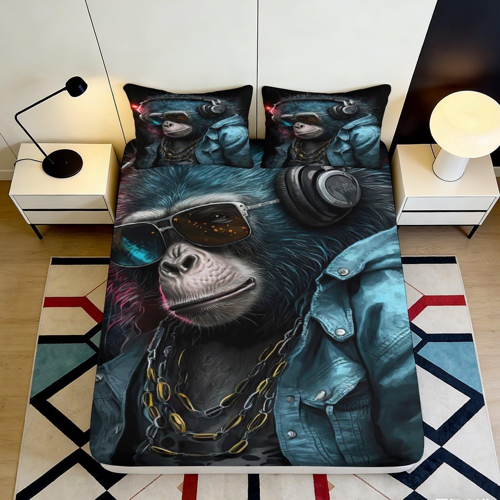3D Printed Cool Monkey Headphones Fitted Sheet Microfiber Anti-Slip Bed Cover for Bedroom Dorm Decor 90x200x25cm