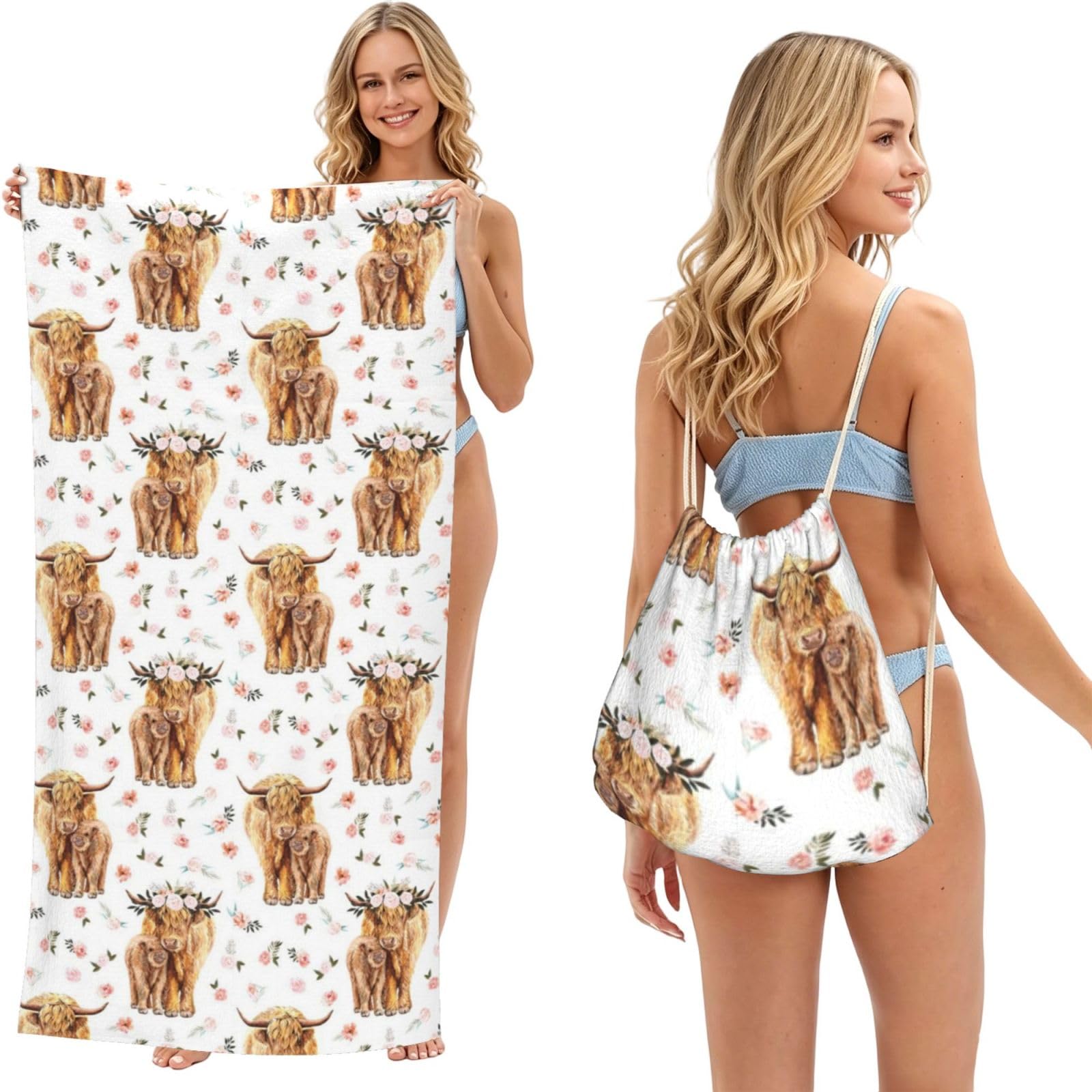 Poadnly As Picture Spring Pink Floral Scottish Highland Cow, 2 In 1 Packable Towel Bag, Beach Towels With Drawstring Backpack For Travel Holiday Camping