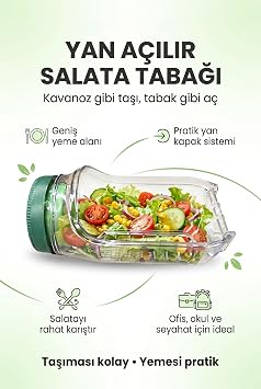 KT610 Sızdırmaz Salata Kabı 900 ml Sos Bölmeli Yan Açılır Taşınabilir Saklama Kabı