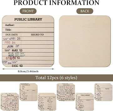 12 Pcs Library Card Coasters Book Club Gifts, Library Due Date Card Coasters Vintage Book Lover Librarian Gifts for Women Men Office Classroom Graduation Back to School Christmas Table Decorations