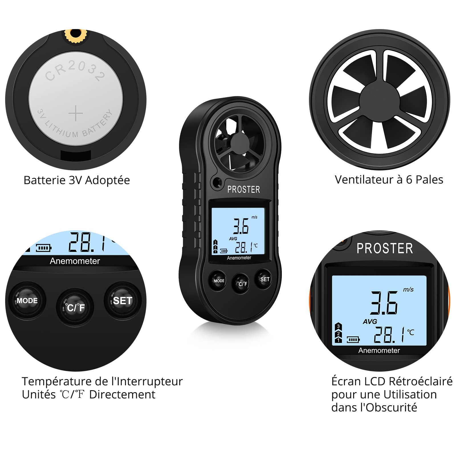 Proster Anémomètre Portable Numérique 5 Unités Écran LCD Anemometre sans Fil Mesure de Vitesse Température Vent pour Planche à Voile Randonnée Météorologie Marine Activités de Plein Air