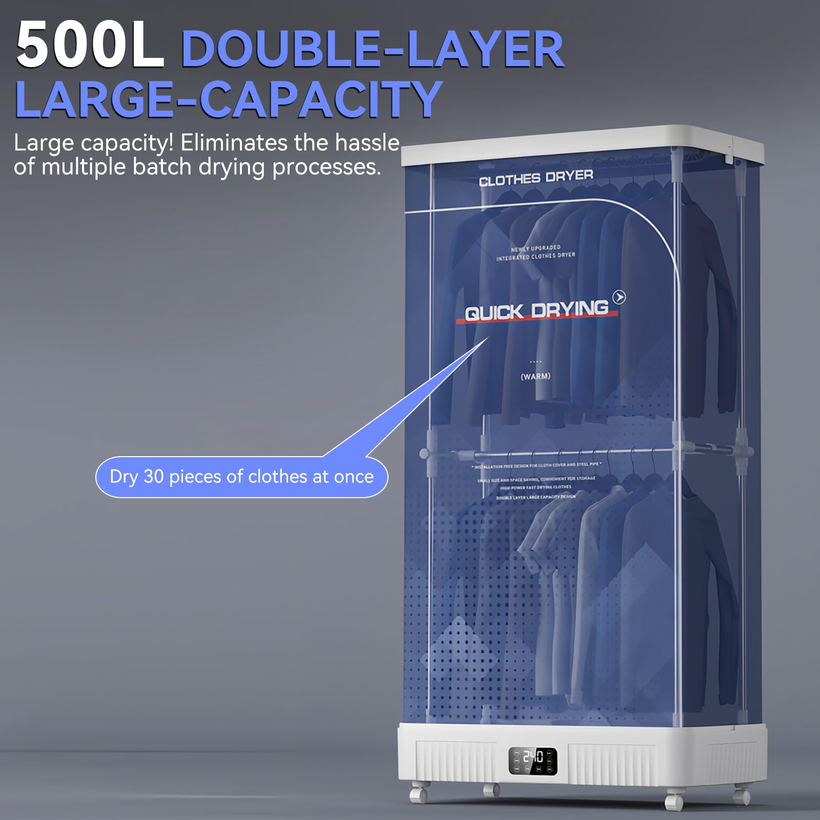 Secadora eléctrica con ruedas y estantes de dos niveles, 1300 W, plegable y sin instalación, armario secador con capacidad para 500 l, temporizador de 4 horas y mando a distancia, enchufe UE