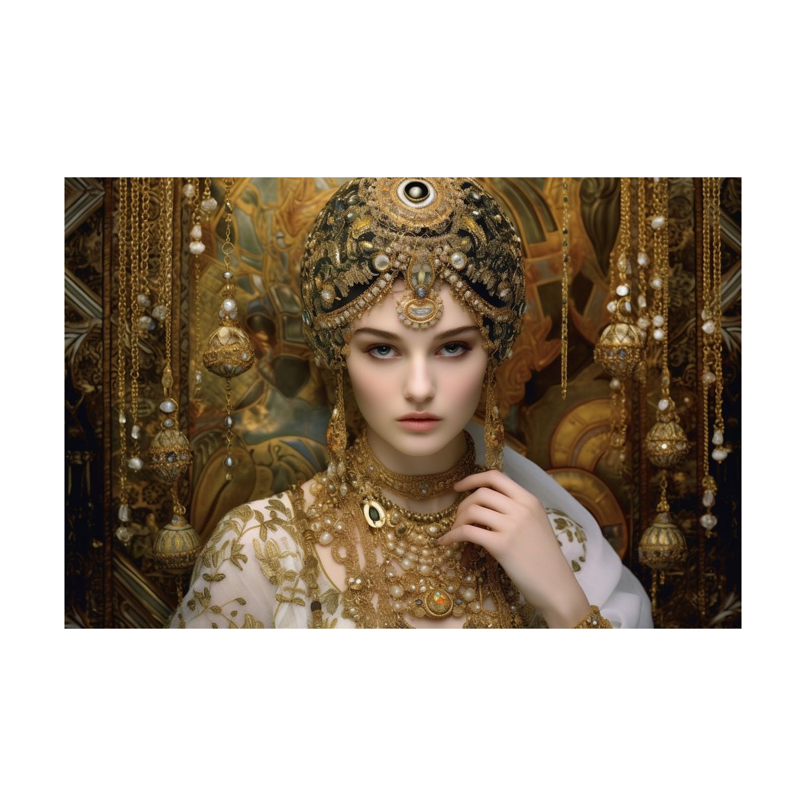 TERUEA Canvas Wall Art Abstract Ornate Woman With Gold Jeweled Headdress And Jewelry Picture Prints for Girls Room Bedroom Wall Decor(Gold)-60x90cm Unframed