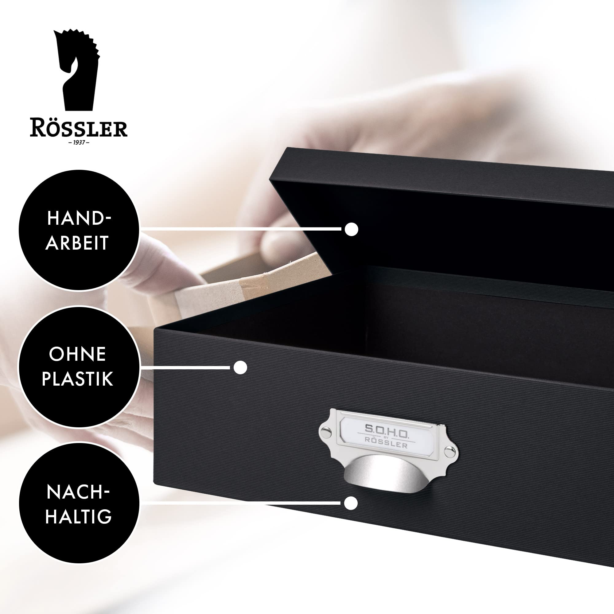 Rossler Soho - Scatola di carta formato A4, con targhetta e maniglia nero