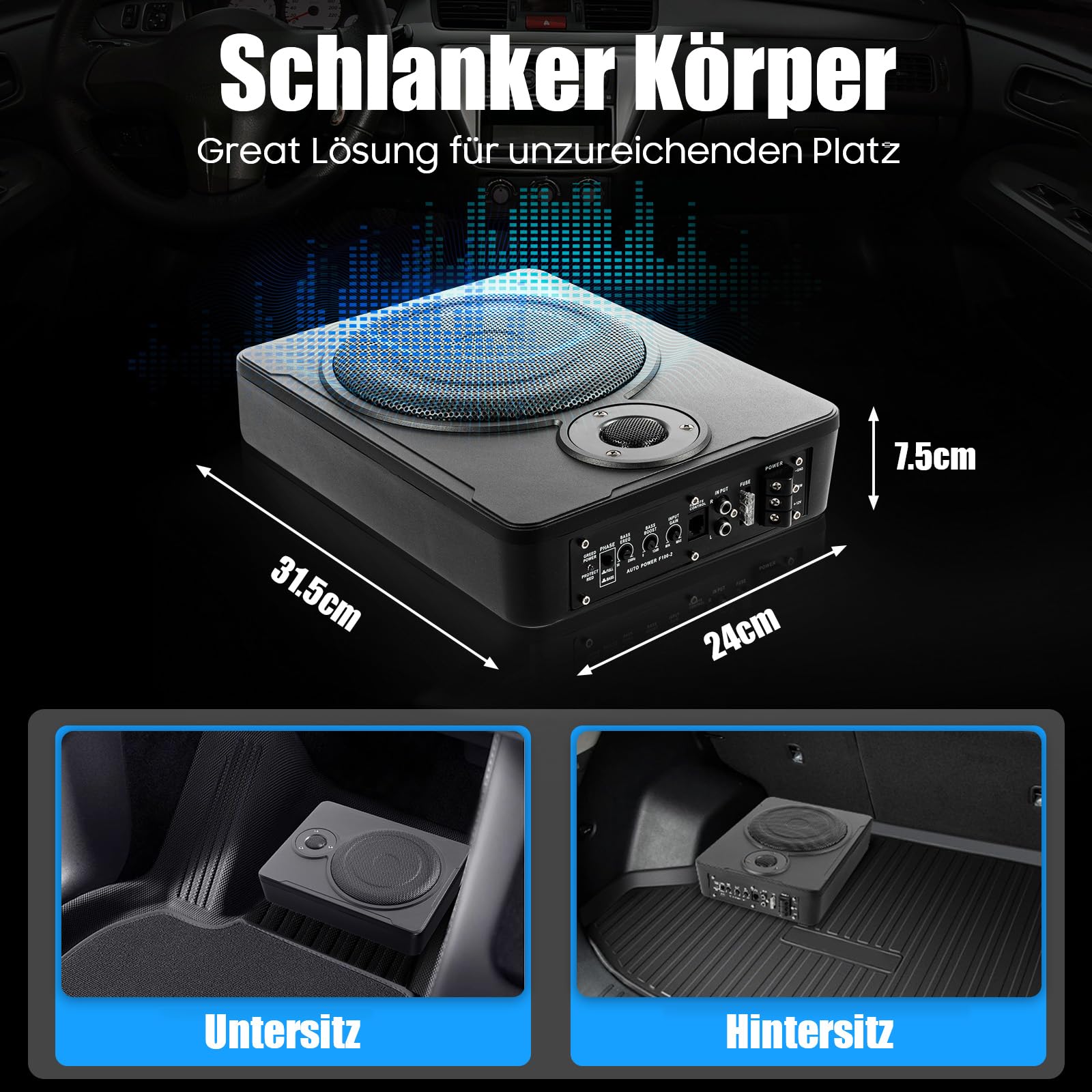 Subwoofer sottosedile per auto, subwoofer attivo sotto il sedile, amplificatore attivo per auto, altoparlante attivo e subwoofer con cavo di collegamento abbinato, woofer attivo per auto, camion