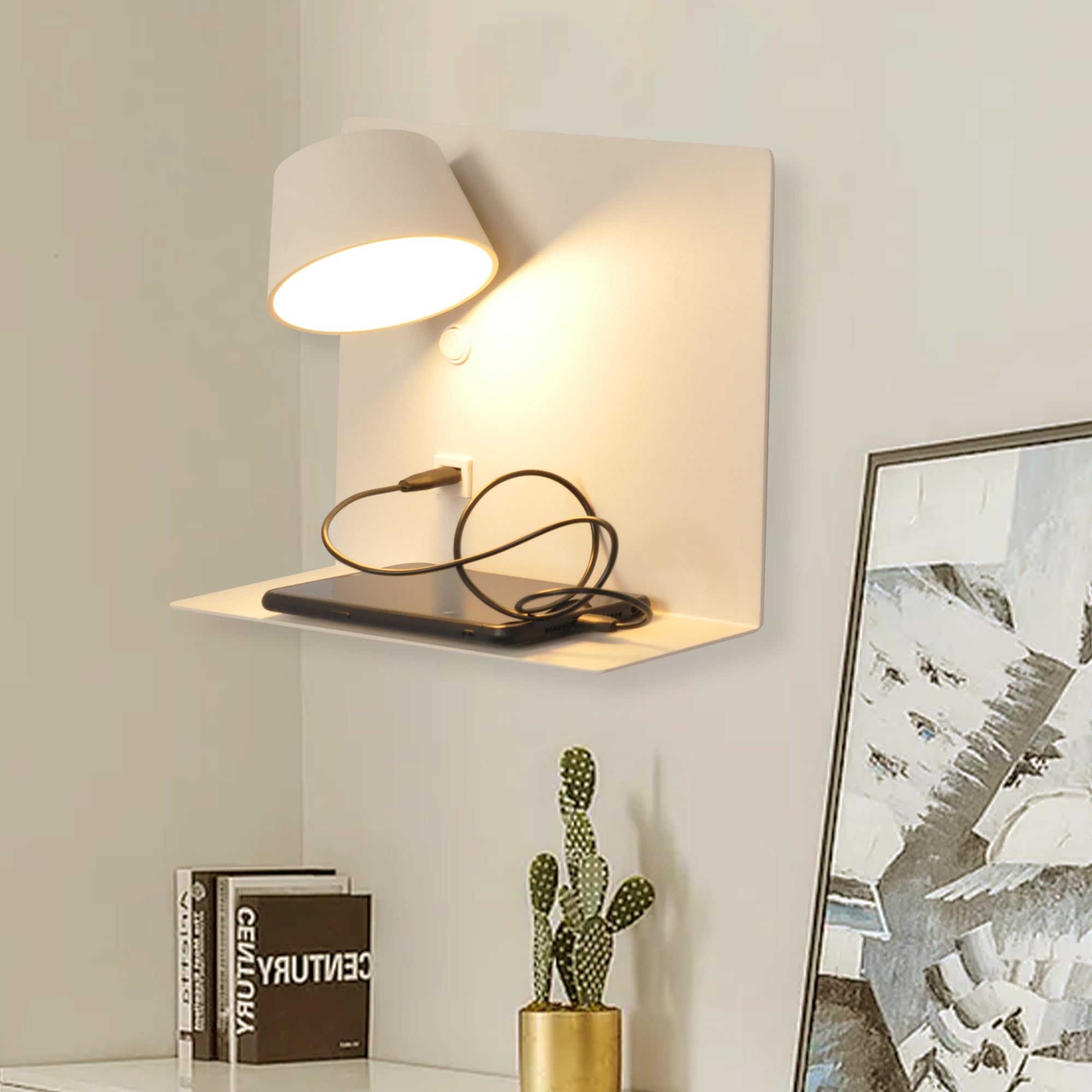 SUNLLOK Lámpara de Pared LED Moderna con Puerto de Carga USB - Lámpara Pared de Lectura Giratoria Interior con Estantes - Bedside Apliques de Pared para Salón, Dormitorio de Niños (Blanco,3200K)