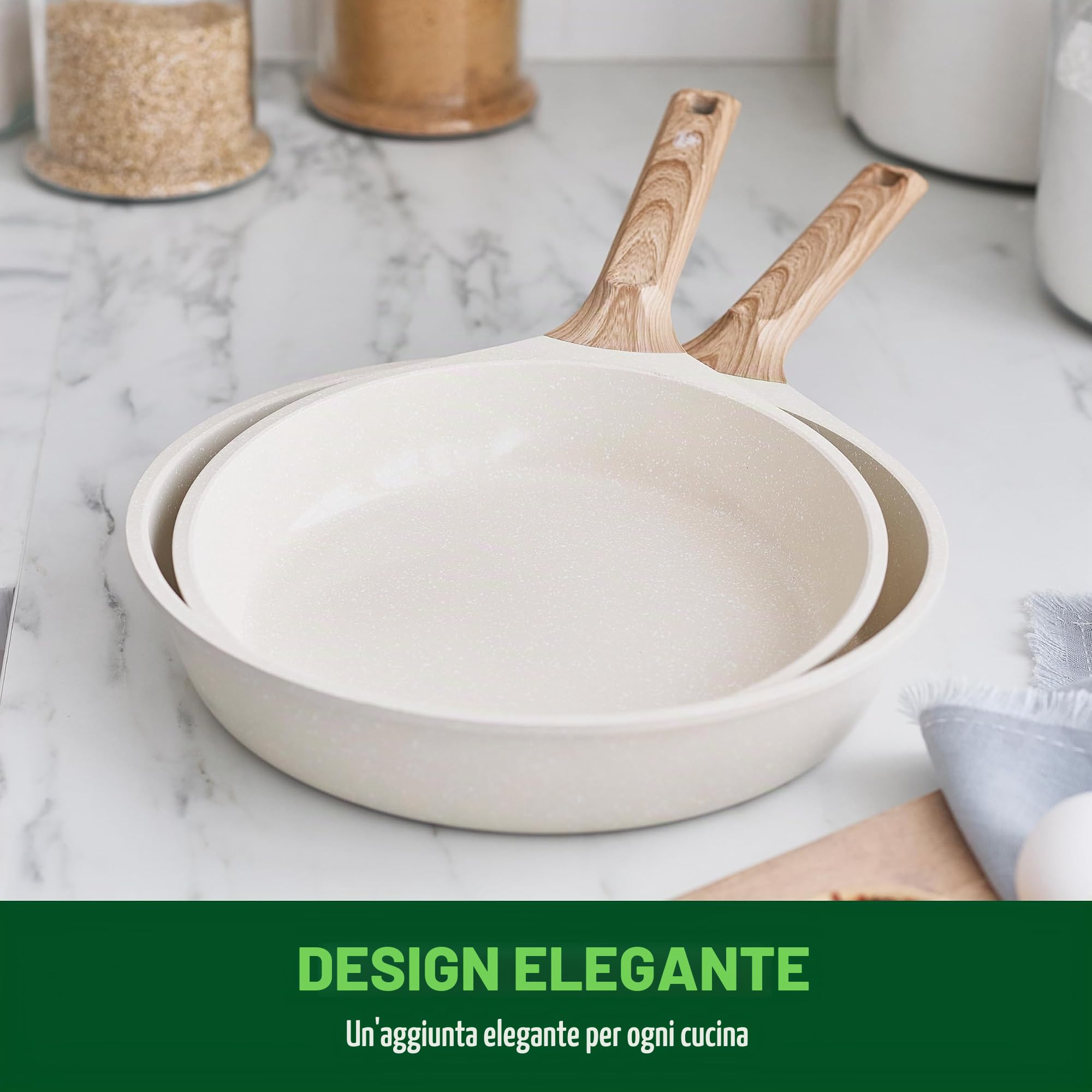 GreenChef Arte - Set di 8 pentole rivestite in ceramica, con manico in legno, colore: bianco crema