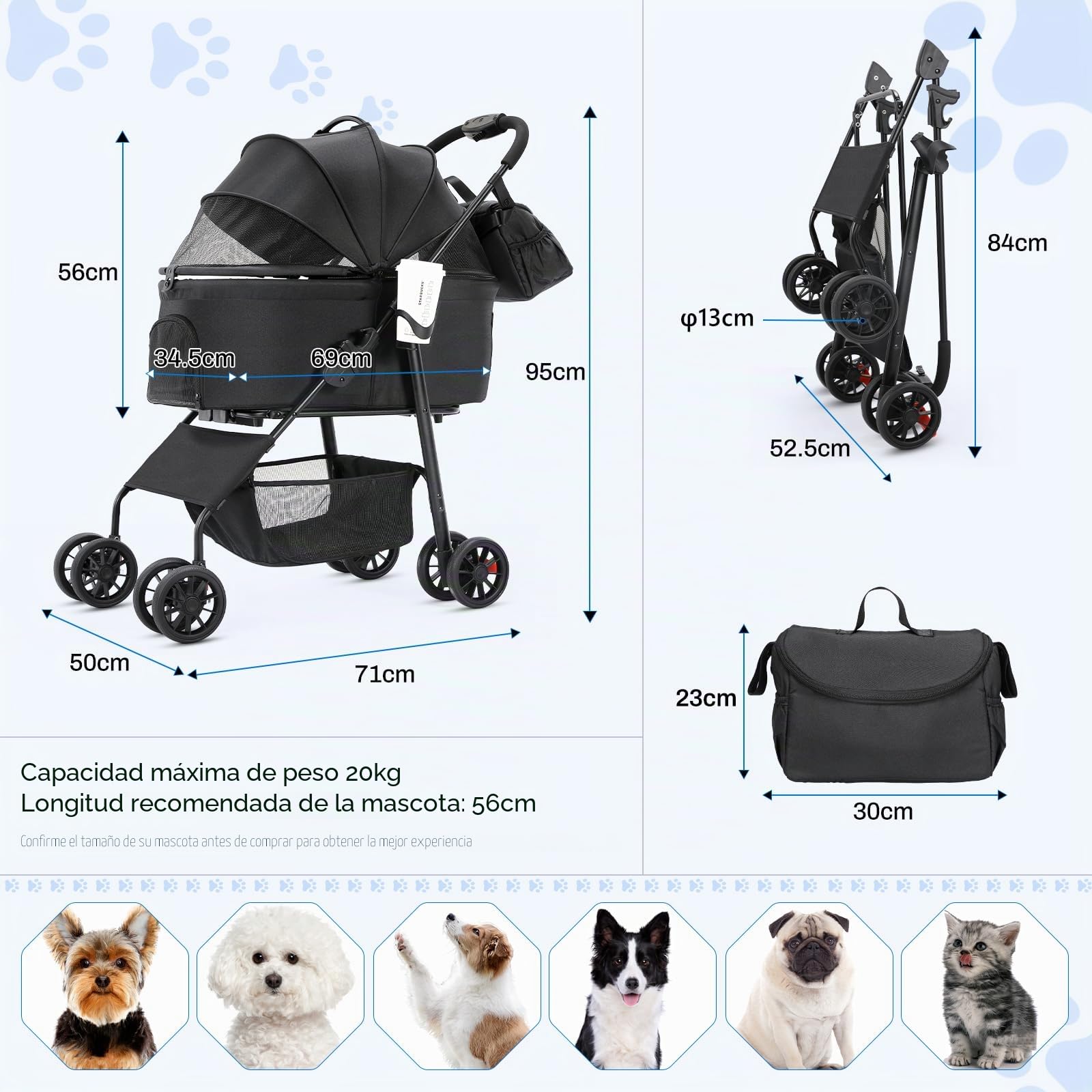 MAMIZO Cochecito para perros 3 en 1, hasta 20 kg, 4 pares de ruedas dobles de 360°, carrito para perros con una bolsa de hombro, plegable, para perros y gatos pequeños, medianos y gatos, Negro