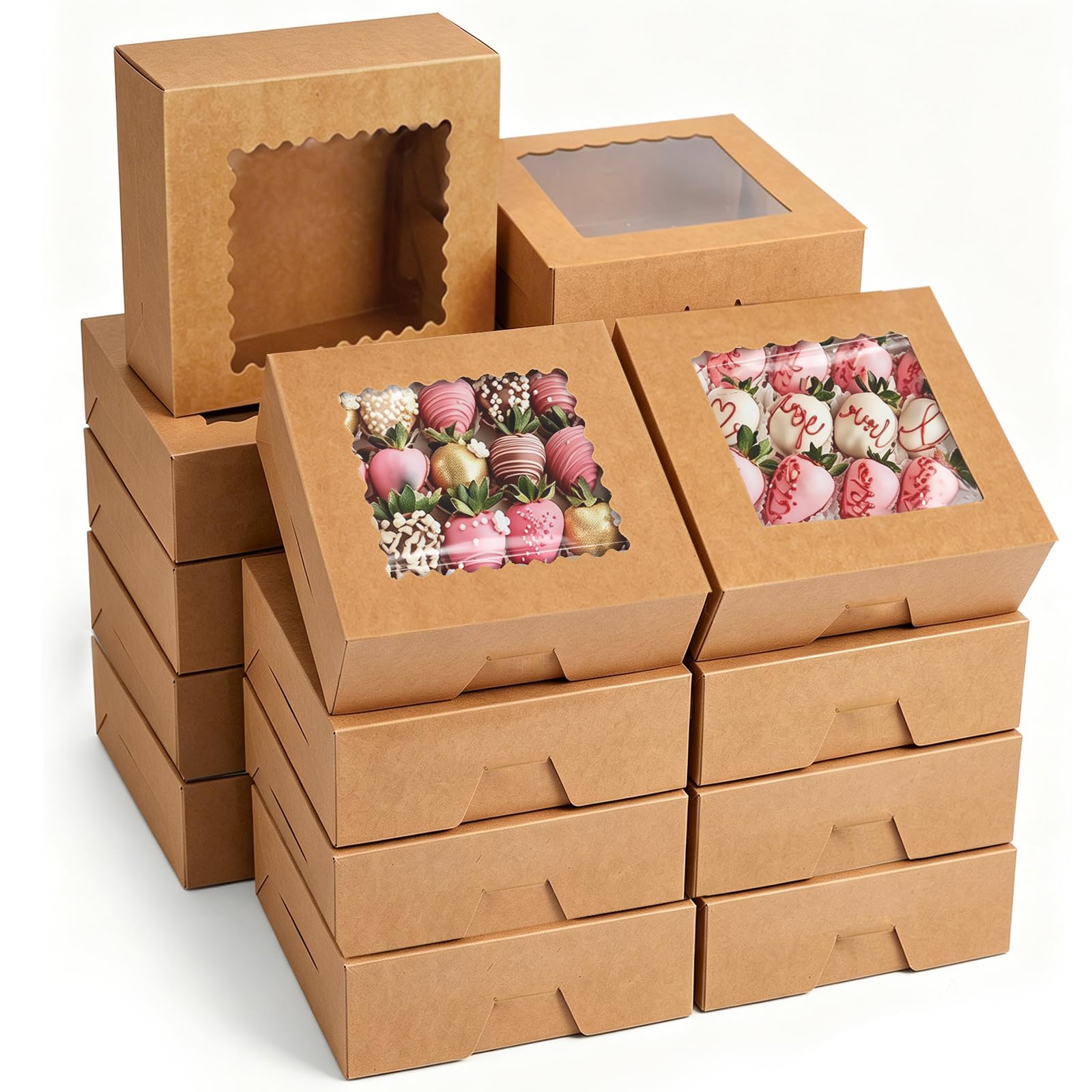 RITOLLO 18 Pack Kraft Cookie Boxes with Window, 6 x 5 x 2 in Brown Bakery Gift Boxes, 2 Assorted Window Designs for Brownies, Pastries & Sweet Treats
