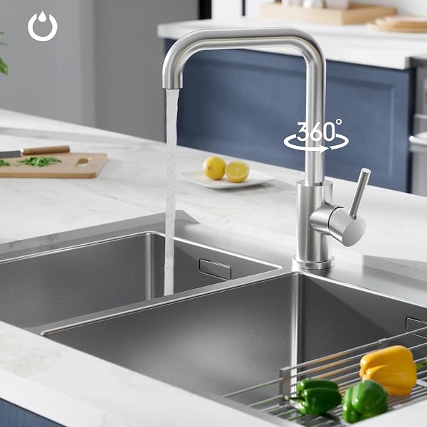 FORIOUS Wasserhahn Küche, Küchenarmatur mit 360°Drehbar, L Förmige Mischbatterie Küche Spülenarmatur mit Einhebel für 1 Loch, Geeignet für den Einsatz in Familienküchen, Wohnmobilen, Edelstahl - 3