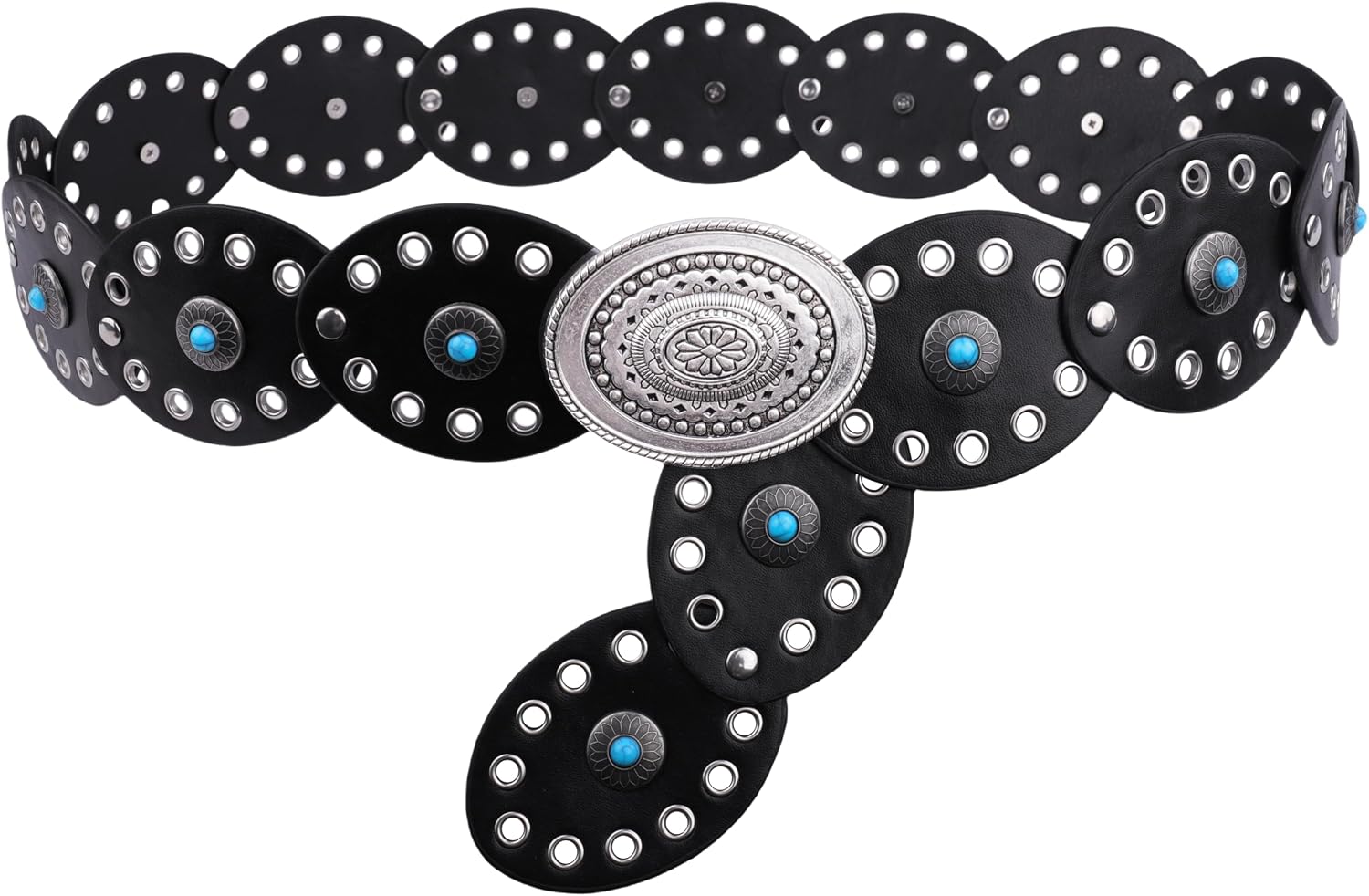 Wide Disc Belt for Women - PU Leather Hollow Out Round Belts Vintage Western Cowboy Cowgirl Waist Belt