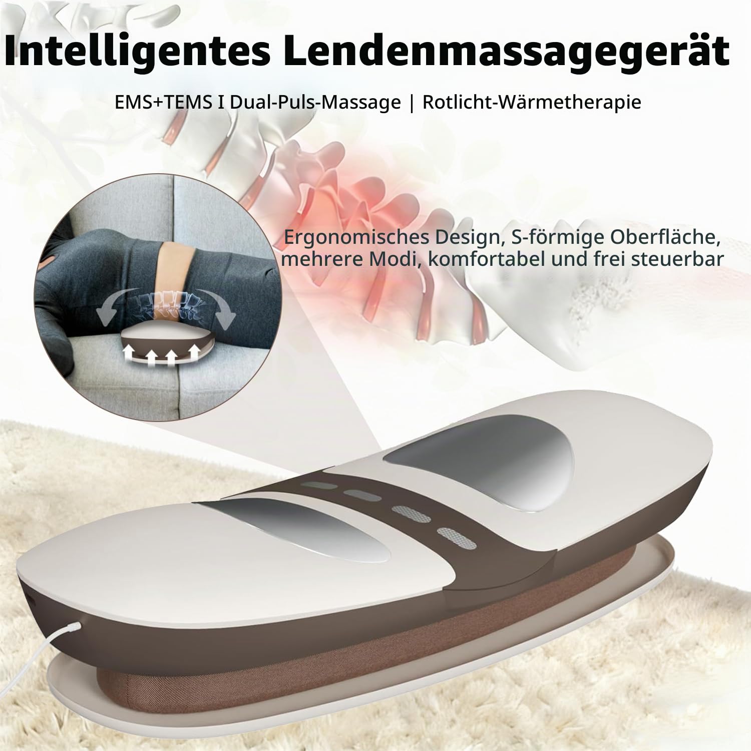 Elektrischer Rückenmassagegerät, 4 in 1 Kabelloses Rückenstrecker mit EMS Elektrotherapie, Hotpacks, Vibration und Airbag Traktion, 3 Stufige Einstellung Lendenwirbel Traktionsmassagegerät für Zuhause